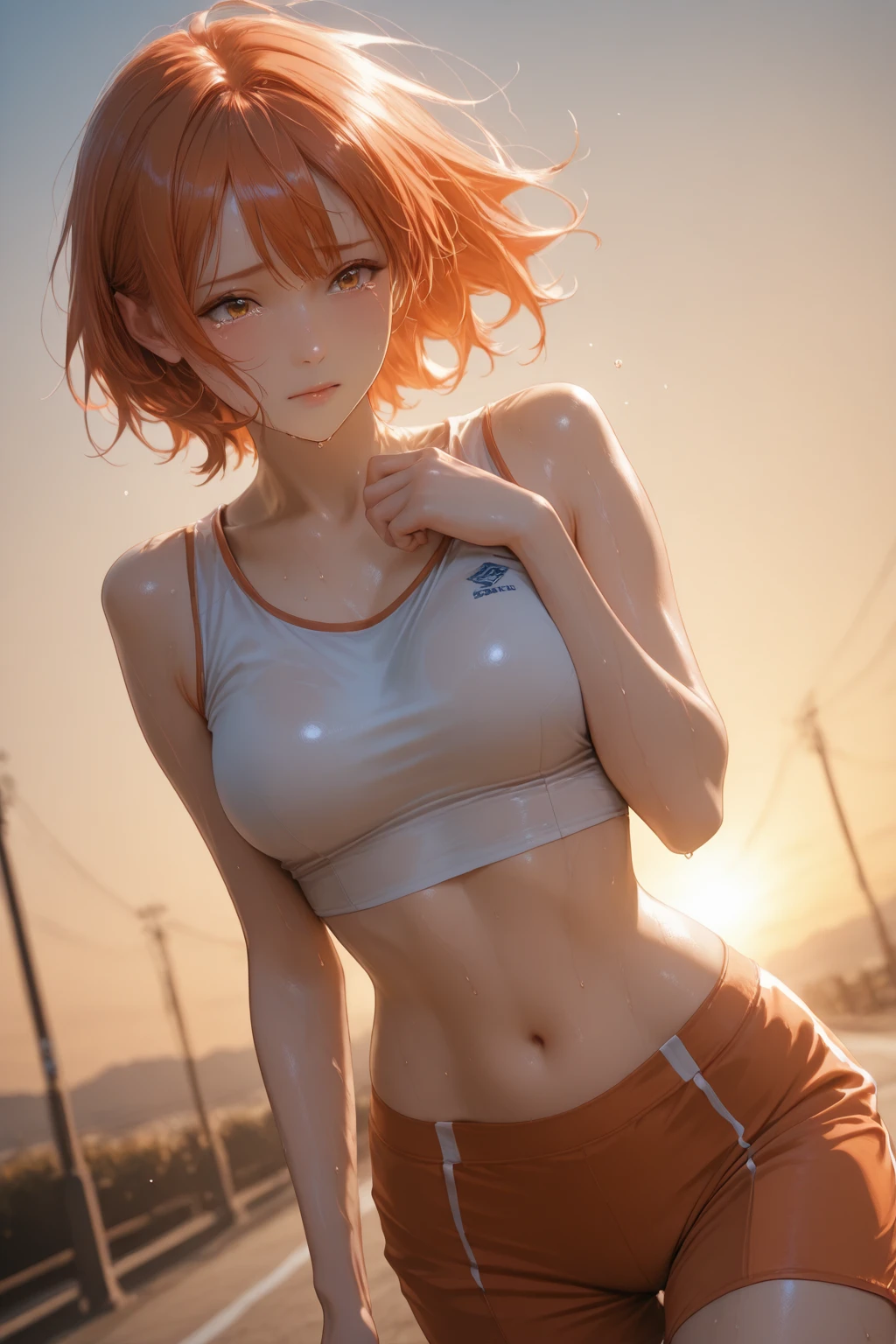 ((perfect ???????:1.2,realistic,:1.3,RAW Photography:1.3,masterpiece、highest quality、Ultra - High resolution、High resolution、Highly detailed CG、8K)),????,cowboy shot,1 female,alone,20-year-old,beauty of japan,beautiful detailed face and eyes,big and gorgeous eyes,gray eyes,(red hair,short bob hair,bangs), (slender body,small head:1.4, skinny、small ???????), glowing skin,oily skin,sweat:1.3,(white tanktop,crop top、navel、sweat shorts),squatting,ancient city、fantasy,medieval europe、natural sunlight、