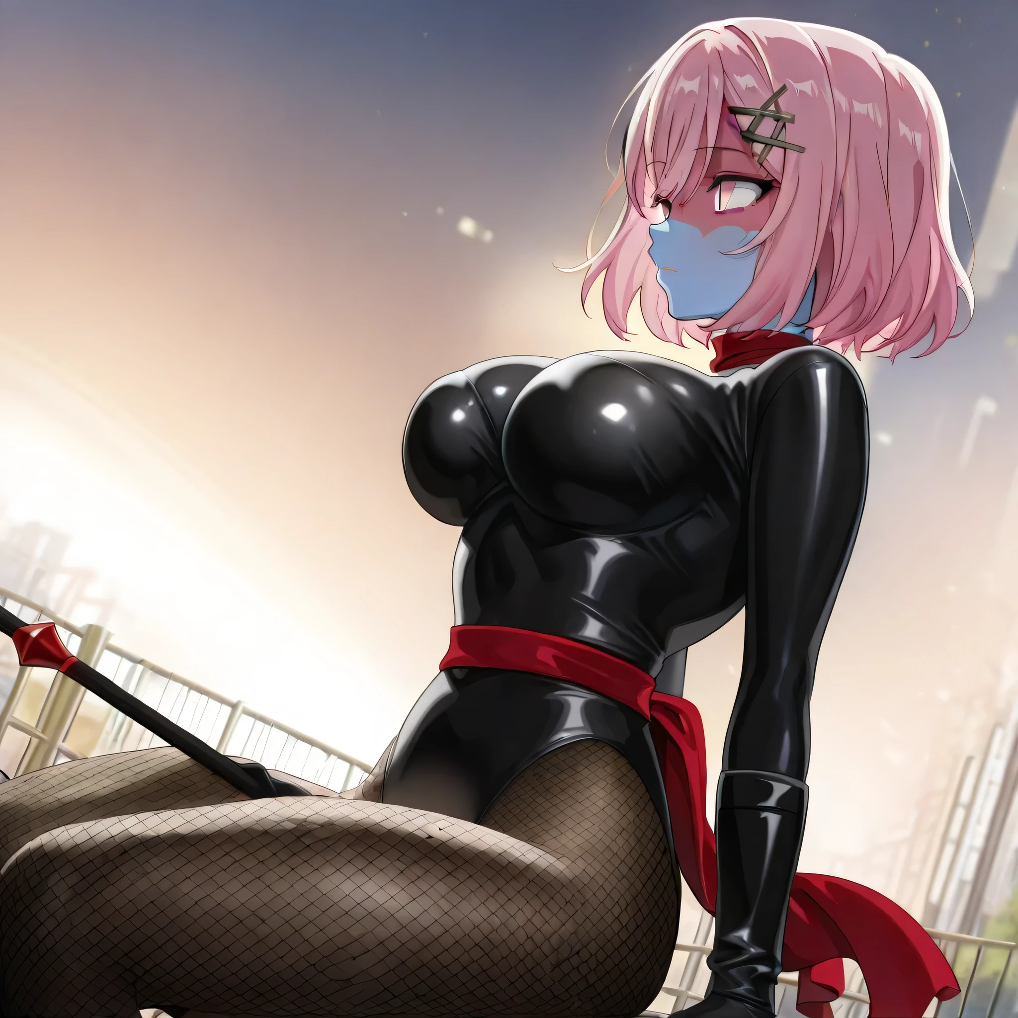 (((Masterpiece))), (((Best Quality))), ((Super Detail)), ultra-High resolution, score_9,score_8_up,score_7_up,score_6_up,score_5_up,score_4_up, BREAK, source_anime, anime screencap, uncensored, Masterpiece, (best shadow), (absurdres), (detailed background), (very aesthetic), detailed beautiful eyes, outstanding, an exquisite animation illustration, curvy, highres, dark persona, empty eyes, blank eyes, shocker, black leotard, latex elbow gloves, brown fishnet pantyhose, blue skin, colored skin, red sash, makeup, shaded face, red skin, (((solo, 1girl))), hair ornament, pose, submissive pose, anime style, anime coloring, animification, megami magazine, pose, large , amaori renako, purple eyes, hairclip, pink hair, short hair, double-parted bangs, pink eyes, x hair ornament, hair between eyes, bob cut, expressionless, emotionless, looking away, looking from side, from side, floating hair, wind, windy, dawn, morning, park, cinematic angle, dynamic angle, dutch angle, sitting, sitting on fence, fence, dappeld light, sunbeam, holding quarterstaff, quarterstaff