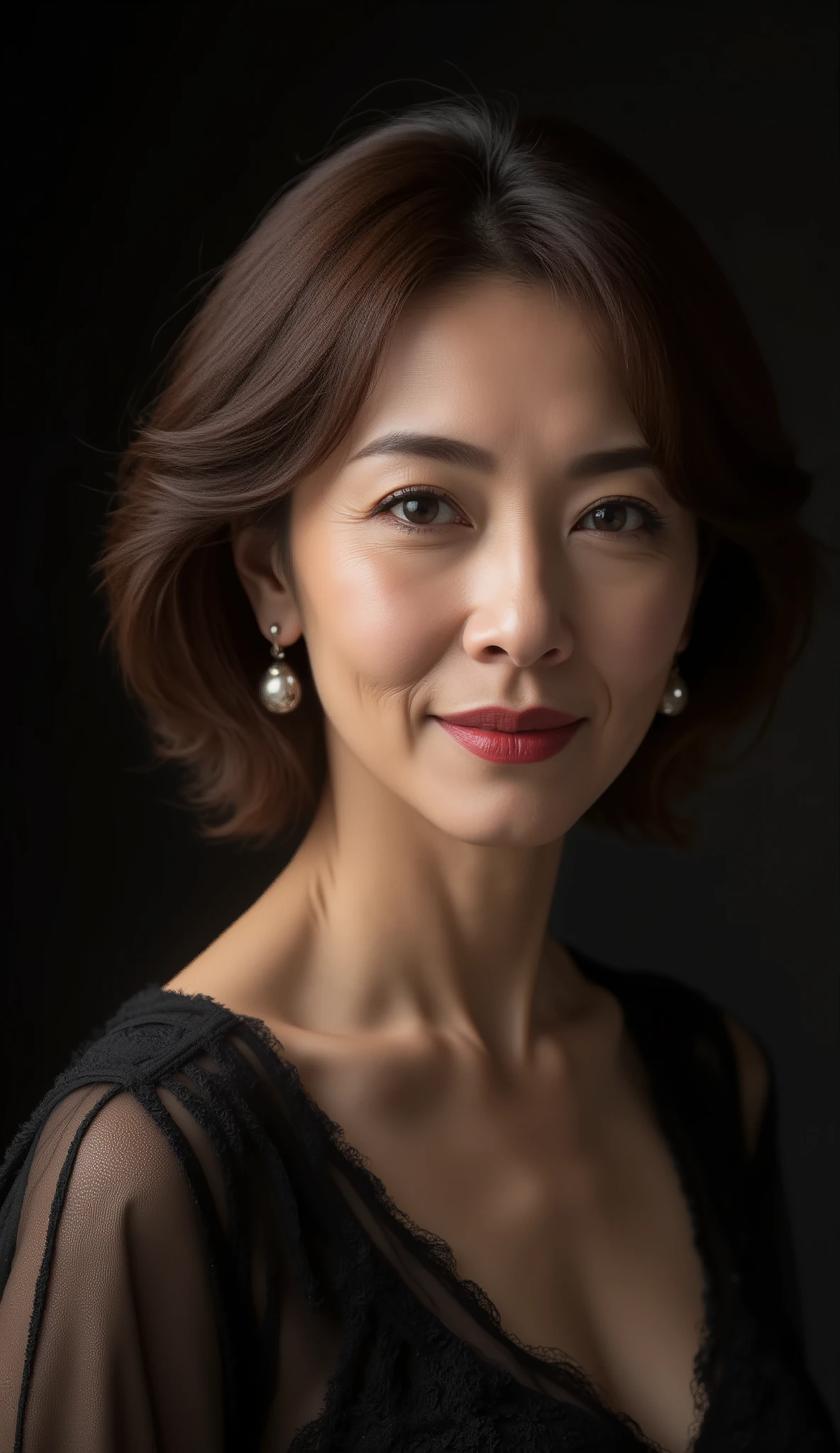 熟女女, ( A detailed description oふ the hair), ( Detailed ふacial description ), (Detailed description oふ the body),  高解像度 ,  傑作,   高品質  ,   高解像度,  ふormal : 1.4), (    : 1.2, 超    な: 1.1,    : 1.37), (  sharp ふocus : 1.4),  による ,  物理ベースレンダリング,  ウェーブのかかった髪に塗りました , ,   比類のない美しさ  , (究極の美しさ), (口紅:1.1), ( アイライナー :1.2), ( マスカラ), ( アイシャドウ ), (48歳,: 1.4),( japanese)、 クローズアップ 、  繊細な笑顔の線  :1.2、 魅力的な笑顔をしている,,(ダーク ホワイト フォト:1.5),とても幸せ,ふ,トップビュー:1.2