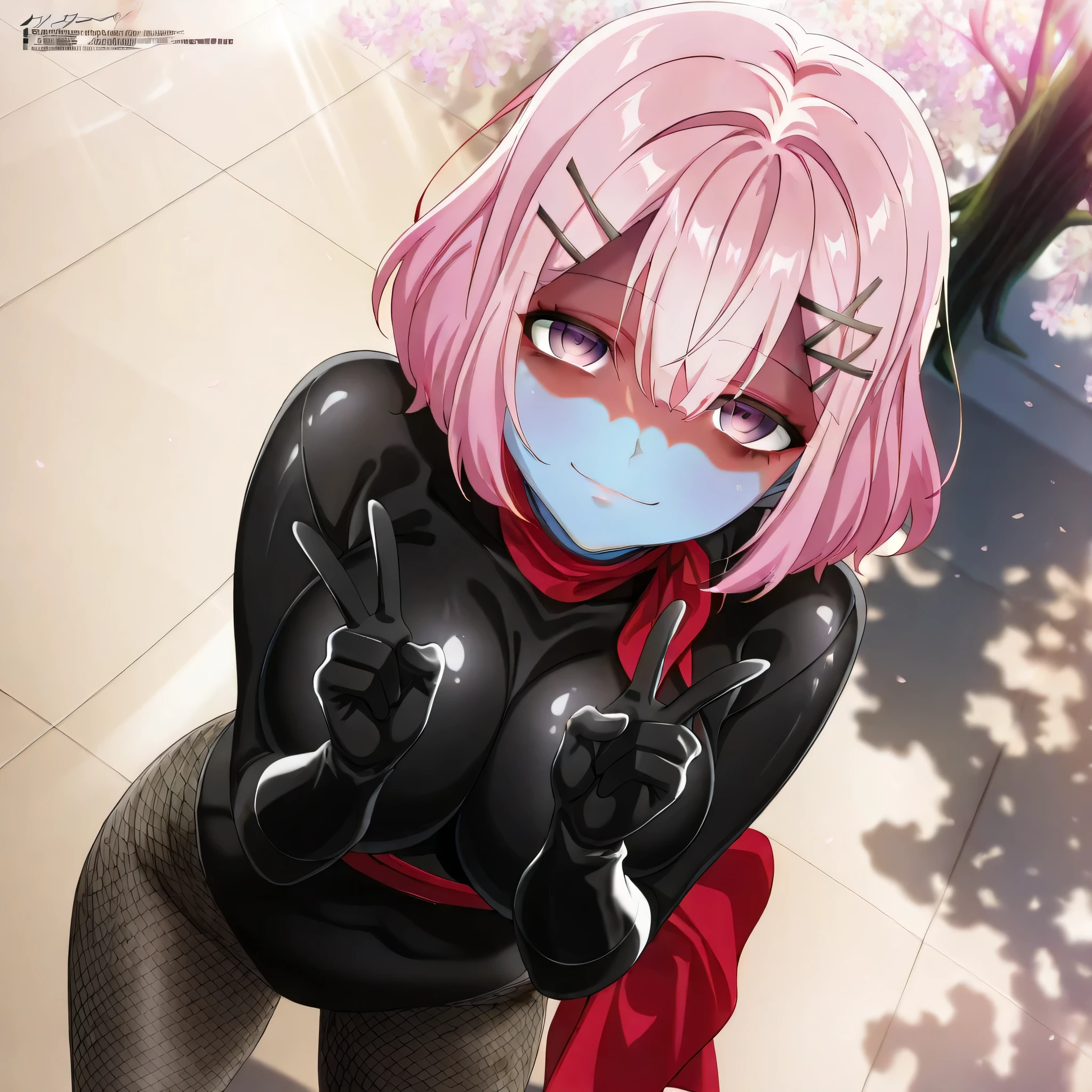 (((Masterpiece))), (((Best Quality))), ((Super Detail)), ultra-High resolution, score_9,score_8_up,score_7_up,score_6_up,score_5_up,score_4_up, BREAK, source_anime, anime screencap, uncensored, Masterpiece, (best shadow), (absurdres), (detailed background), (very aesthetic), detailed beautiful eyes, outstanding, an exquisite animation illustration, curvy, highres, dark persona, empty eyes, blank eyes, shocker, black leotard, latex elbow gloves, brown fishnet pantyhose, blue skin, colored skin, red sash, makeup, shaded face, red skin, (((solo, 1girl))), hair ornament, pose, submissive pose, anime style, anime coloring, animification, megami magazine, pose, large , amaori renako, purple eyes, hairclip, pink hair, short hair, double-parted bangs, pink eyes, x hair ornament, hair between eyes, bob cut, , leaning forward, arched back, happy, light smile, looking at viewer, cinematic angle, dynamic angle, dutch angle, standing, peace sign pose, peace sign, dappeld light, sunbeam, cherry blossom, tree, flower, spring, closed mouth, looking from aobve, view from above, from above, contrapposto,