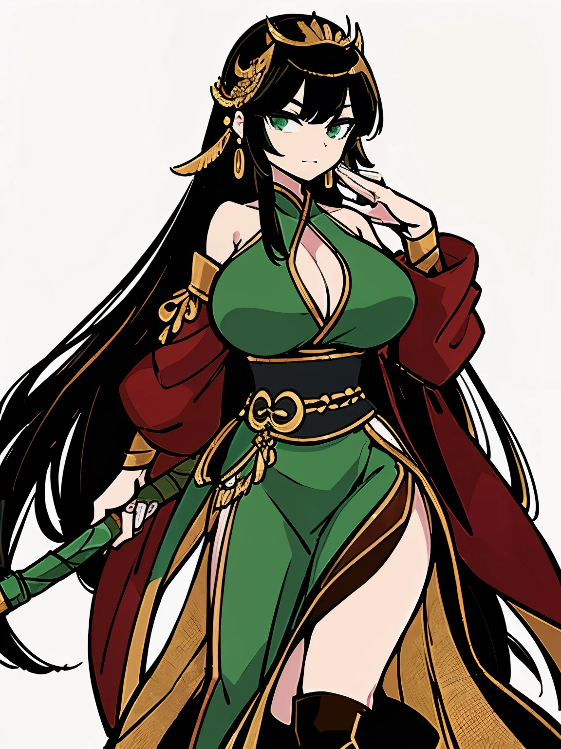 ((Top quality))) , ((full body)), female, References , alone, (white background), catching a cane ,Chinese Three Kingdoms costumes, Chest exposure, Big breasts, side slit skirt, Girl in a green costume ,
