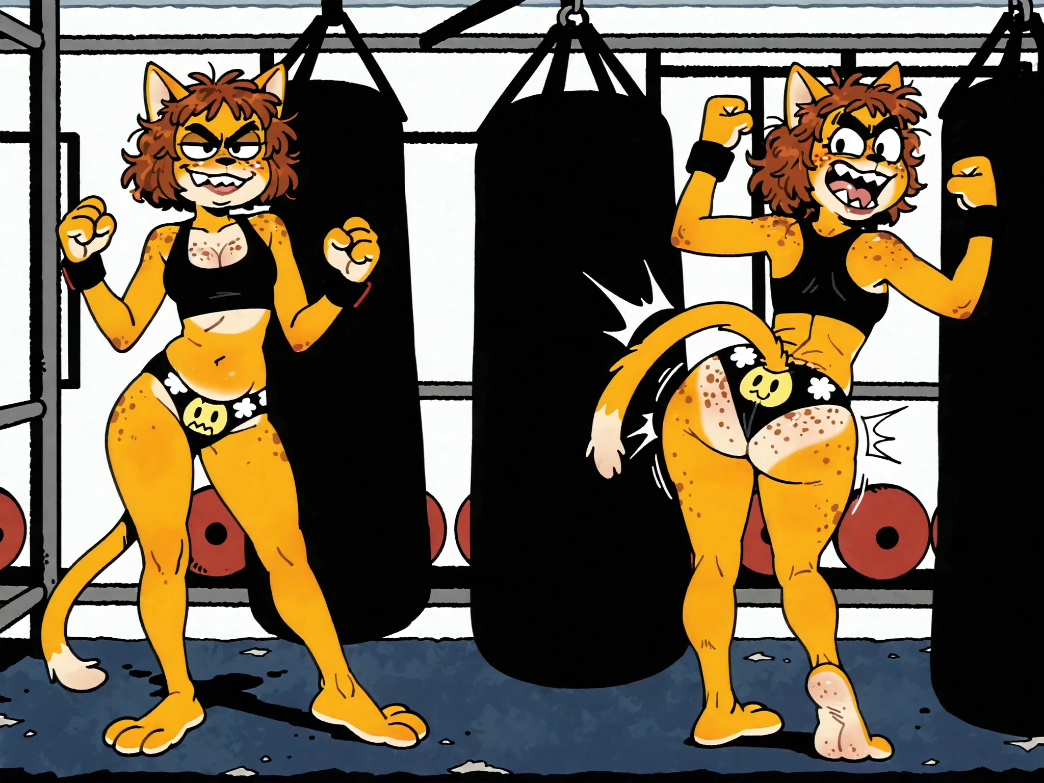 (foot, hips, focus toes), (spiky-length brown-headed), black fuzz, (wavy) short,hair, mouth, ((loose-teeth)) , {(chest cleavage)} rear view, detailed FEMALE,(masterpiece, Highest Quality:1.1),  absurdres, highres, newest, 4k, perfect, detailed eyes:1.2, perfect face, dynamic lighting, immature, meaty body, dynamic pose, (1female),(contrapposto), thick and bushy, yellow skin texture , highly detailed real skin texture , (real skin texture: 1 . 0) , (Freckles , skin freckles , pores , skin blemishes: 0 . 4) (freckles on breasts,freckles on buttocks), 1girl, BREAK shows her large crooked-tooth smile, in (Alone, femalebody:1.3),slim, hyper shaved upper lips, shaved lip hair, bad lips with hair Follicles, hairy follicles on chin, shaved chin hair, shaved face hair, pump lips, curved eyebrows, hair bugs, hair cerci, sideburns, bare shoulder, , (unibrow, monobrow) eyebrows, head on hair bugs, underarm, cat print panties),

 BREAK, ultra-detailed, sharp focus, adorable roach-girl executing perfect uppercut with narrowed in determination yet maintaining cute appeal as fist connects with practice target, athletic teenage build in dynamic punching stance with perfect follow-through form and adorable determined expression, black boxing outfit with top-bellybutton and protective gear with cartoony bug print and dead patterns, (sharp eyes:1.1) intensely focused on target while puffing one cheek cutely, long bunny ears flowing with motion of uppercut with protective ear guards sliding slightly askew, (smooth fur:1.1) in red with warm undertones becoming flushed at cheeks from exertion adding to cute factor, visible as she pivots for maximum power in punch stance, modern gym setting with punching bag swinging wildly from impact of her powerful yet adorable strike, (body oil accessories:1.2) sports wristbands catching gym lights during impact moment, hands with reinforced knuckles decorated with dead patterns and her name embroidered on wrists, (cinematic lighting:1.2),