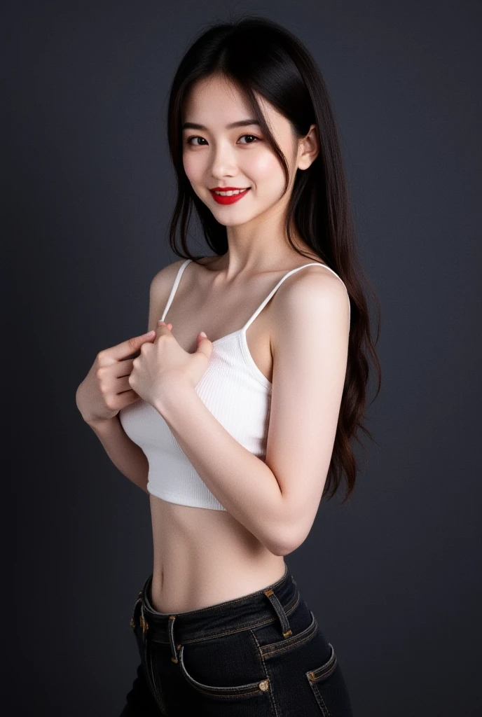 8K, Top Quality, Intricate Details, Ultra Detail, Ultra High Resolution, Masterpiece, close up shot, (full body: 1.1), Slender, Smile, (Makeup: 0.4), (Fluffy Blue Eyes: 1.21), blue Eyes, ((full body)), 1girl, solo, 1 girl, (( full body)), close up shot, , ((tall)), (((fit body))), (((slim face))), sharp face, sharp eyes, (( black hair,  ))  (detailed face), sharp face, small lips, standing, arms up,
 (()),  detailed face, detailed , , large , detail , , Beautiful girl with accentuated slender abs: 1.4, Six Pack Abs: 1.4,  Botox, Big, Perfect Body, detail leg, (( dark background)), black background,