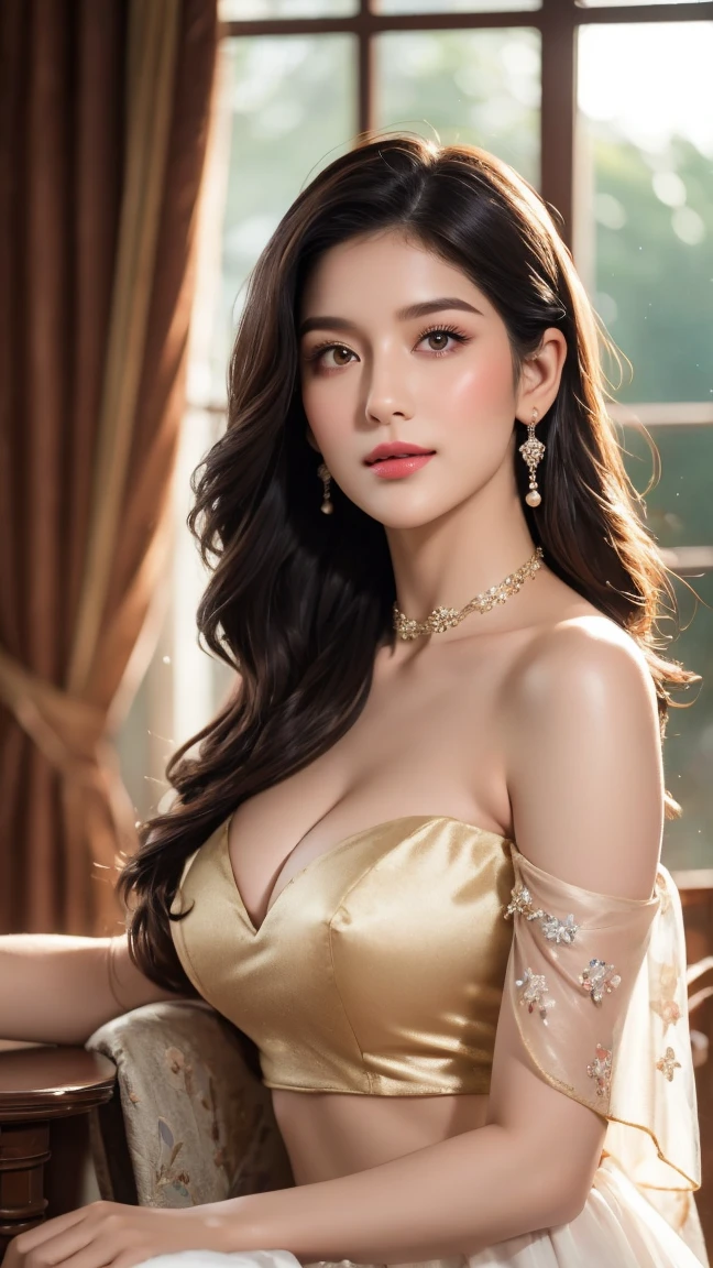 ((8k, RAW photos, best quality)), ((realistic, photograph realistic)), masterpiece, best quality, High detail, Best image quality, super detailed, high resolution, Very detailed, Best quality, Extreme detail description, hyperdetailed painting, An extremely delicate and beautiful work, Beautiful detailed girl, ((standing)), hazy beauty, very detailed facial, delicate face, adorable, detailed skin structure, fair skin, perfect ???????, ((perfect body)), Beautiful detailed whole body, exquisite body, Detailed realistic lips, Behind the softness, ((slim waist)), (???????????), ((cleavage)), (deep v ???????????, Bulging ?????), Beautiful detailed eyes, soulful eyes, realistic eyes, blue eyes, (close eyes:1), shiny color hair, bouffant curled long hair, ((smile:1.2)), ((Enchanted expression:1.1)), (seductive look:1.1), (seductive pose:1.1), ((An extremely detailed yellow unbutton shirt, Formal skirt), head gear, highly detailed, delicate necklace, Delicate earrings, Simple blurred background, ((view over city, midnight)), (dark scene), physically-based rendering, ((the body from the abdomen up)), looking at viewer