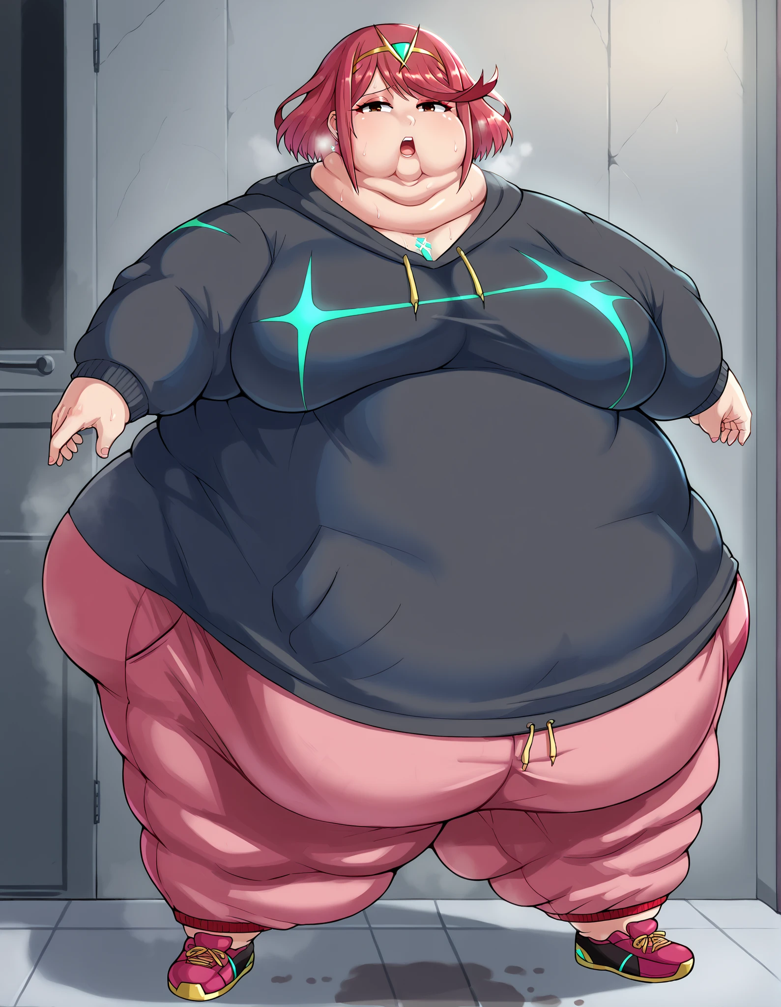 score_9, score_8_up, score_7_up, BREAK, 1girl, solo, pyra \(xenoblade\), xenoblade chronicles \(series\), tiara, solo, red eyes, 1girl, solo, jewelry, makeup, casual, cowboy shot, looking at the viewer, large breasts, hoodie, sweatpants, shoes, sweating profusely, open mouth, exhausted, heavy breathing, puddle of sweat on the ground, steam coming out her mouth, indoors, she wears pink shoes,medium breasts, sweat, open mouth, steam, sweat, looking at viewer, open mouth,, cowboy shot, half shut eyes, obese, chubby, thick thighs, chubby cheeks, big arms, (((Shiny Skin))), full body, standing