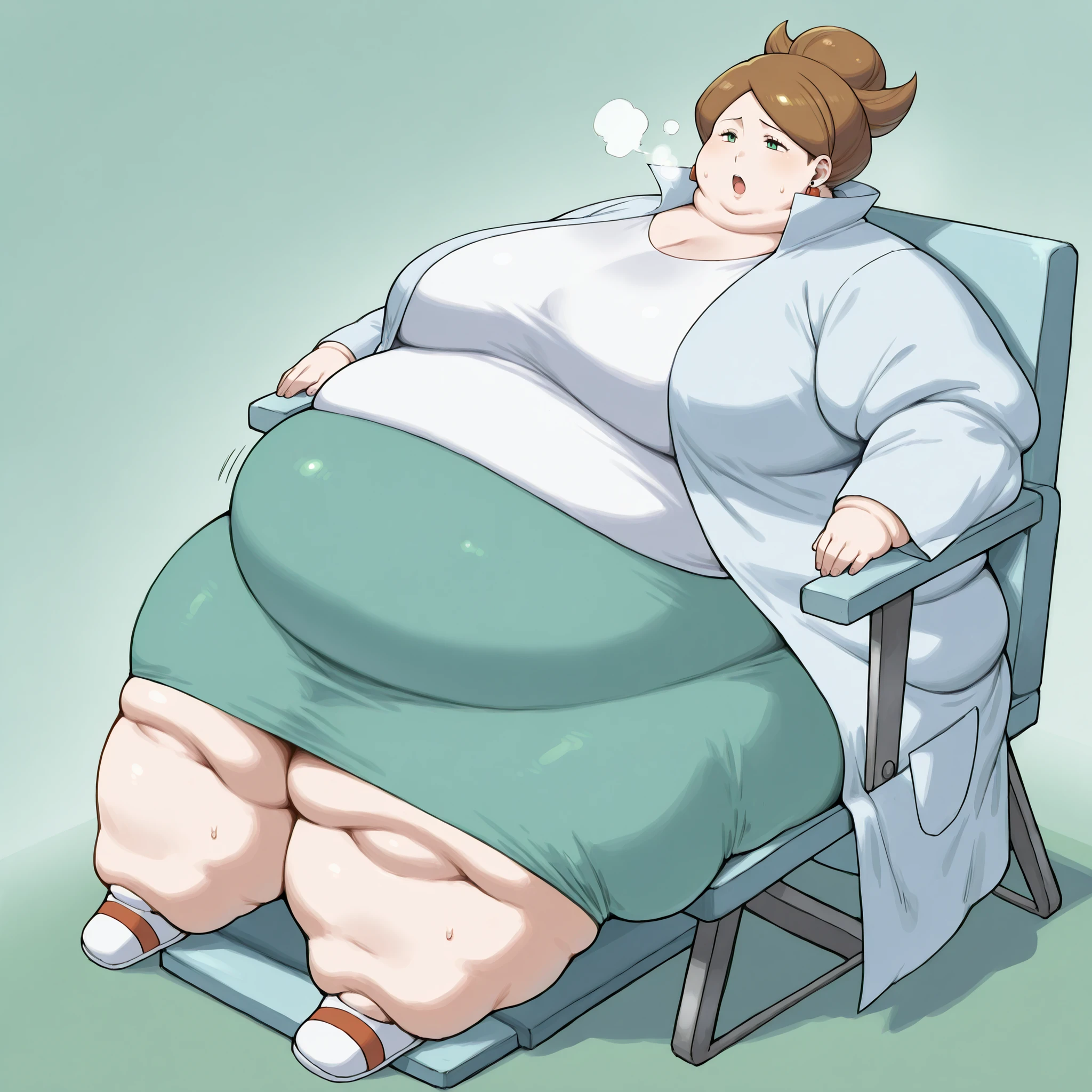 1girl, solo, c-juniper, mature female, green eyes, hair bun, brown hair, lab coat, green skirt, earings, white shirt, long sleeves, fat, chubby, obese,, big breasts open mouth, out of breath, Larger female, full body shot, sitting on chair, reclining back on chair