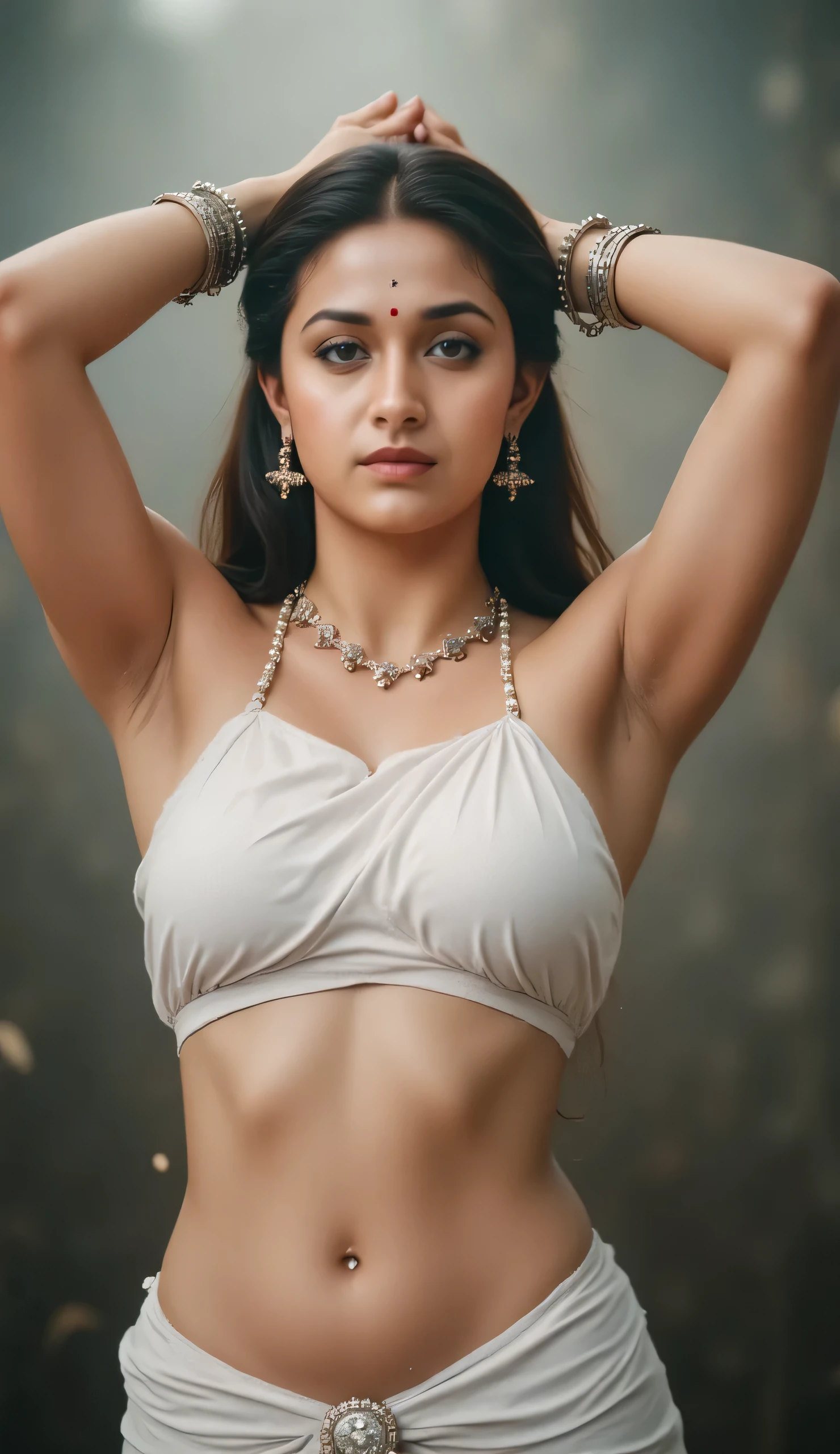 Here's a detailed analysis of the image:

Summary: A woman adorned in traditional Indian attire, reminiscent of Radha, poses serenely against a mystical backdrop.

Detailed Description:

Foreground:

Person: age is 30 fitness body The central figure is a woman with fair skin, her gaze directed towards the viewer with a subtle smile. She is dressed in an outfit that evokes traditional Indian attire, Milky armpit 
Attire: She wears a sparkling white halter top and skirt set. A delicate silver chain adorns her waist. Her wrists are stacked with multiple silver bangles.
Accessories: The woman is adorned with traditional jewelry, including a headpiece with a peacock feather, ornate earrings, and a necklace with a combination of gold and red jewels.And both hands streched up above the head showing beautiful clean shave armpits up , front view, looking camera 

Background:

The backdrop is blurred,
The overall tone of the background is muted, with shades of gray and white, contributing to the mystical and serene mood.
Light seems to emanate from behind, casting a gentle glow around the woman.

Atmosphere and Mood: The image exudes a sense of serenity, grace, and timeless beauty.hd and 4k resolutions ,The woman's expression, combined with the soft lighting and ethereal background, creates an aura of peace and spirituality. The traditional attire and accessories evoke a sense of cultural heritage and devotion, symbolizing purity and gentleness.