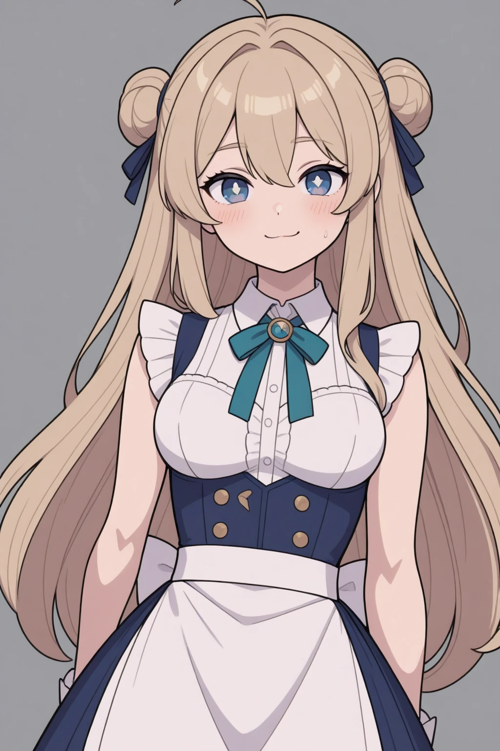 best quality, masterpiece, highres, solo, (asuna_bluearchive:1.10), 1girl, collared shirt, looking at viewer, pleated skirt, , white shirt, grin, black skirt, simple background, wrist scrunchie, white background, black choker, blue bowtie, blush, one eye covered, blue nails, nail polish, blue scrunchie, shirt tucked in, 7 