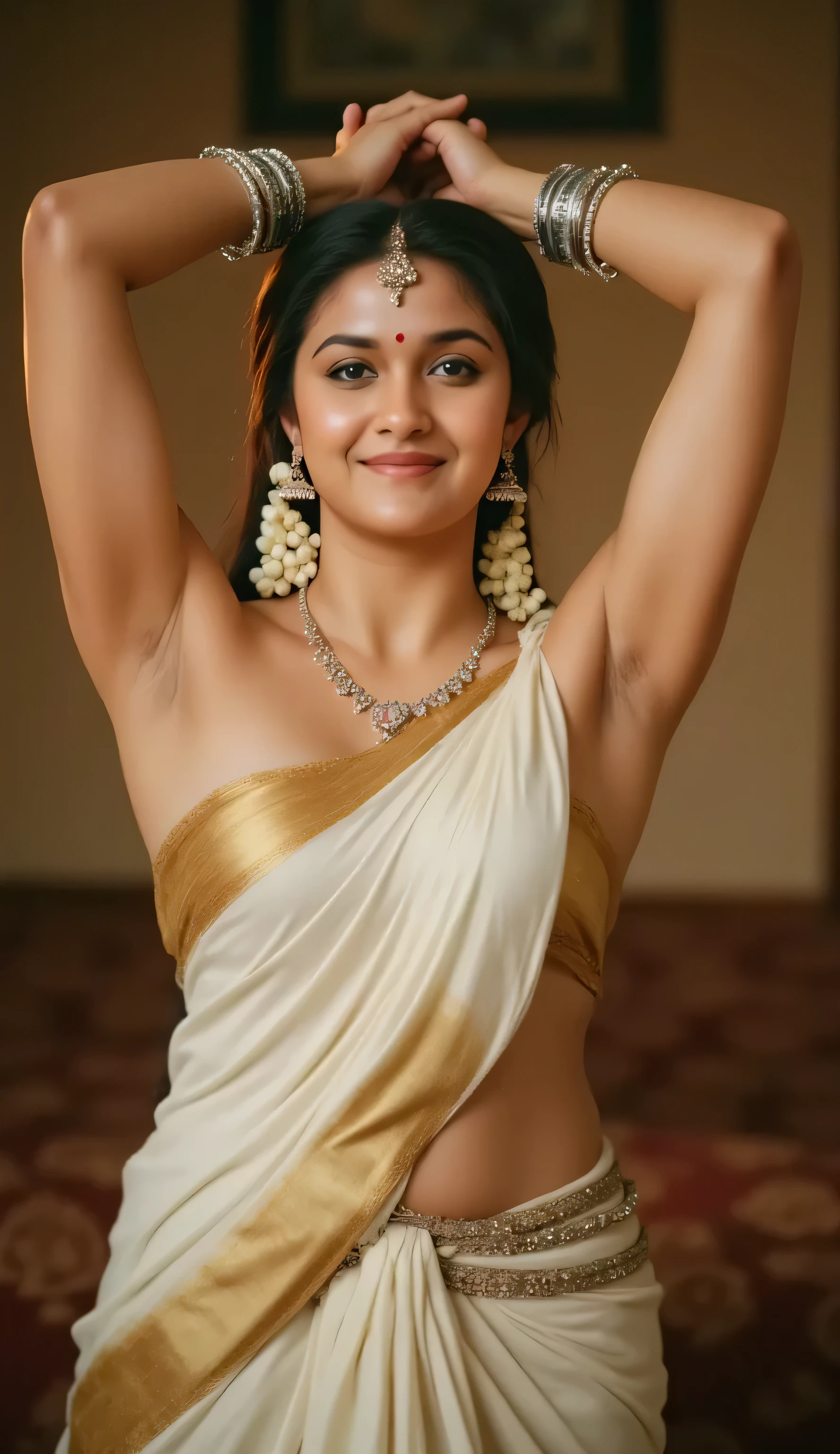 Here's a detailed analysis of the image:

Summary: A woman adorned in traditional Indian attire,poses serenely against a mystical backdrop.

Detailed Description:

Foreground:

Person: age is 30 fitness body The central figure is a woman with fair skin, her gaze directed towards the viewer with a subtle smile. She is dressed in an outfit that evokes traditional Indian attire, Milky armpit 
 Her string-sleeved blouse is tailored to perfection, with a delicate knot at the front just below her bust, cinching the fabric into a graceful fan-like drape that highlights her curves. The snug fit of the blouse enhances her hourglass waist, leaving her entire sculpted midriff and deep navel completely exposed (deep sexy navel). The pleated silk dhoti-style saree in rich white and gold tones sits dangerously low on her hips, with a golden kamarbandh (waist chain) draped loosely around her waist, accentuating the sensual dip of her stomach. 
Attire: She wears a sparkling white halter top and skirt set. A delicate silver chain adorns her waist. Her wrists are stacked with multiple silver bangles.
Accessories: The woman is adorned with traditional jewelry, including a headpiece with a peacock feather, ornate earrings, and a necklace with a combination of gold and red jewels.And both hands streched up above the head showing beautiful clean shave armpits up , front view, looking camera 

Background:

The backdrop is the bedroom
The overall tone of the background is rich, contributing to the mystical and serene mood.
Bright seems to emanate from behind, casting a gentle glow around the woman.

Atmosphere and Mood: The image exudes a sense of serenity, grace, and timeless beauty.hd and 4k resolutions ,The woman's expression, combined with the soft lighting and ethereal background, creates an aura of peace and spirituality. The traditional attire and accessories evoke a sense of cultural heritage and devotion, symbolizing purity and gentleness.