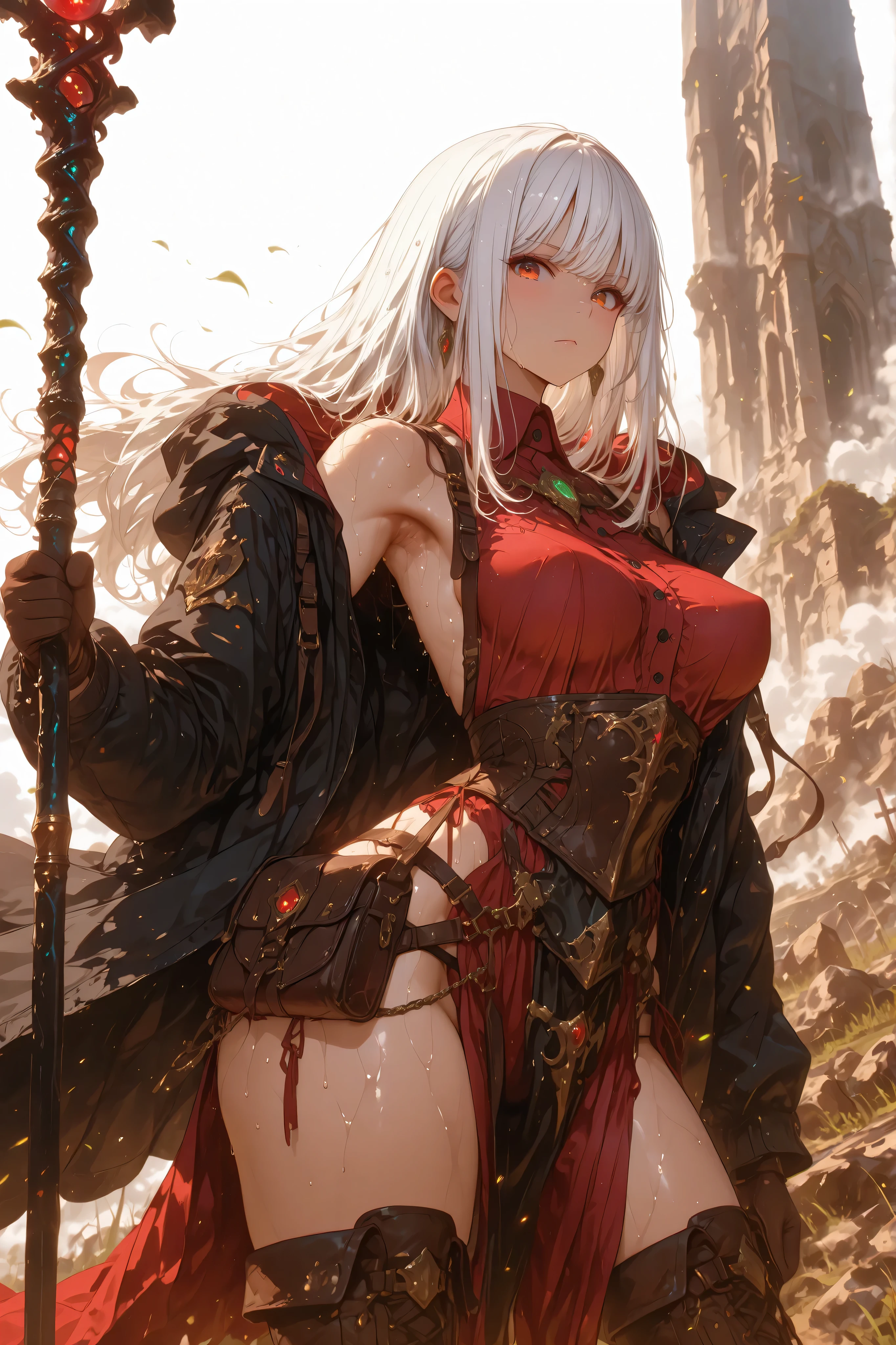 masterpiece, best quality, 8k, 1girl, fantasy character, standing, legs apart, contrapposto, red dress shirt, backless outfit, lowleg, loincloth, (wind blows), glove, boots, curvy body, medium breasts, perky breasts, long black coat with hoodie, long hairstyle, thin white hair, many items, dramatic atmosphere, intricate details, vivid colors, white background, digital art, equip a magic staff, holding a long staff, hip bag, looking at viewer, sweaty, midday, cowboy shot, sweaty armpit, (sweaty:1.3),