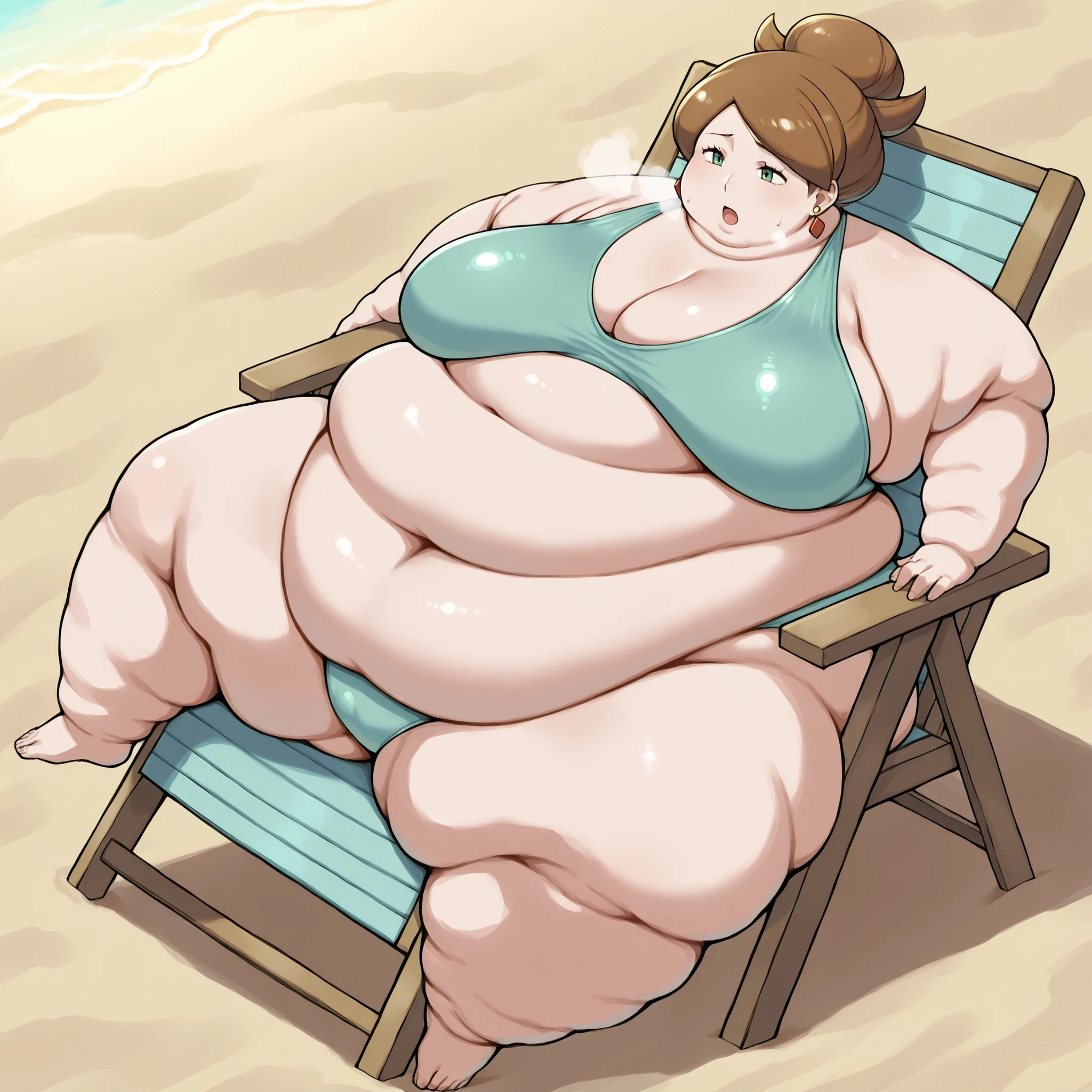 1girl, solo, c-juniper, mature female, green eyes, hair bun, brown hair, earings, swimsuit, beach, fat, chubby, obese,, big breasts open mouth, out of breath, Larger female, full body shot, sitting on chair, reclining back on chair