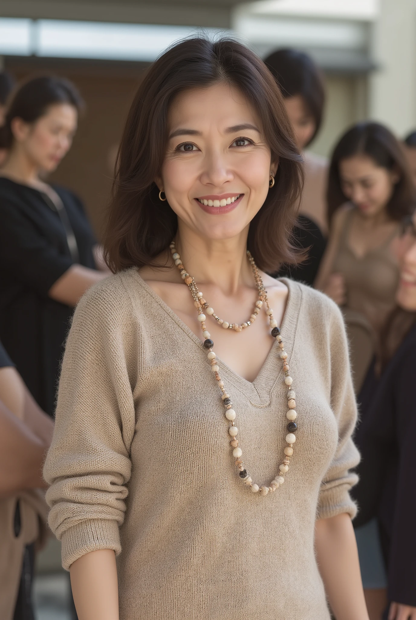 high resolution, masterpiece, Highest Quality, high resolution, (edition of: 1.4), (realistic: 1.2, 超realisticな: 1.1, realistic: 1.37), (sharp focus controlled by the master: 1.4), Women lining up in front of a hotel, physical-based rendering, unrivaled beauty, (ultimate beauty), (48 years old,: 1.4), japanese, close-up, Elegant laugh wrinkles:1.2, mature woman, Gentle smile, natural hairstyle, Beige Rough Knit Sweater, Bohemian Style Beaded Necklace, Natural Material Ring, Gentle and Warm Style, simple background
