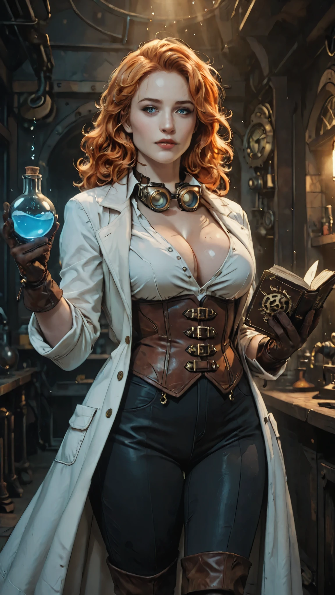 masterpiece, high quality, best quality, 3D render realistic style merged adult retro anime and dark fantasy style, professional studio lighting, contrast effect with sharp shadows and glowing highlights, strong rim light, empty black background, frontal full-body shot, female alchemist, standing confidently, one hand raising blue potion flask, examining liquid quality, other hand holding open tome book emitting mana glow, mature woman, 30s, busty curvy figure, wide hips, thick thighs, large breasts, pale skin tone, orange ginger hair, messy curly hair, blue eyes with subtle glow, wearing ((steampunk style retro googles around the neck)), white lab coat, unbuttoned white shirt, deep cleavage, brown leather corset, black pants, gloves, knee-high leather boots, ((victorian fashion style)), laboratory aesthetic, cinematic atmosphere, ultra-detailed, highly realistic, photorealistic, professional digital art, dramatic lighting, warm color tones, perfect facial features, detailed eyes and lips, beautiful long eyelashes, textured skin, anatomically correct