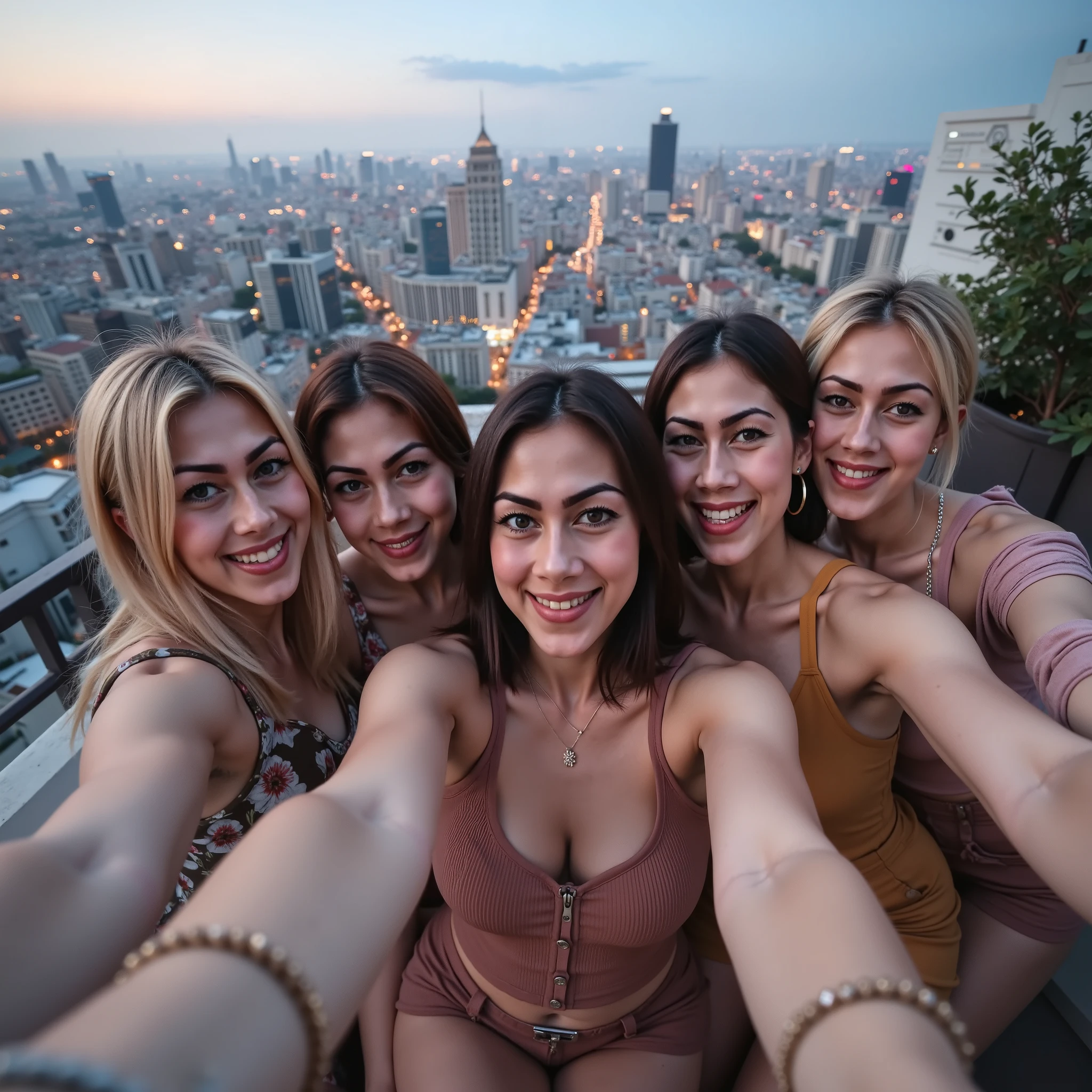 5 woman taking selfie at balcony roof top , background is city vibes