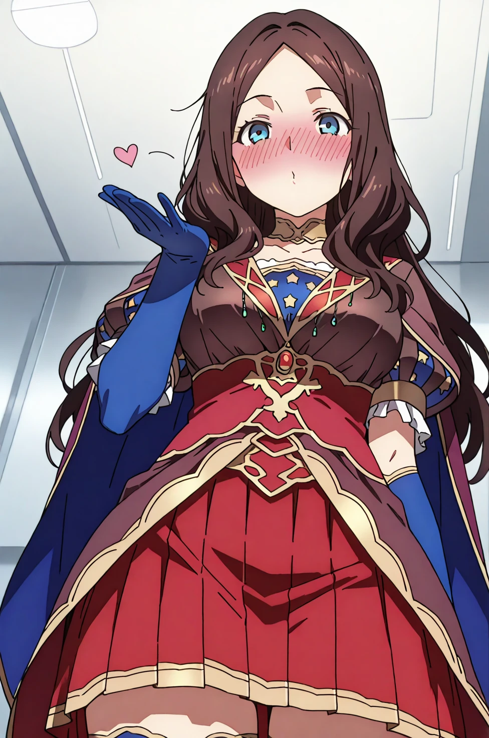 score_9, score_8_up, score_7_up, score_6_up, source_anime, 1girl, solo <lora:leocaster-pdxl-nvwls-v1-000006:1> leodv, brown hair, long hair, parted bangs, blue eyes, brown dress, short puffy sleeves, red skirt, blue gloves, elbow gloves, blue thighhighs, cape, big breasts, all fours, looking at you, open mouth, blush, indoors, papers, on ground