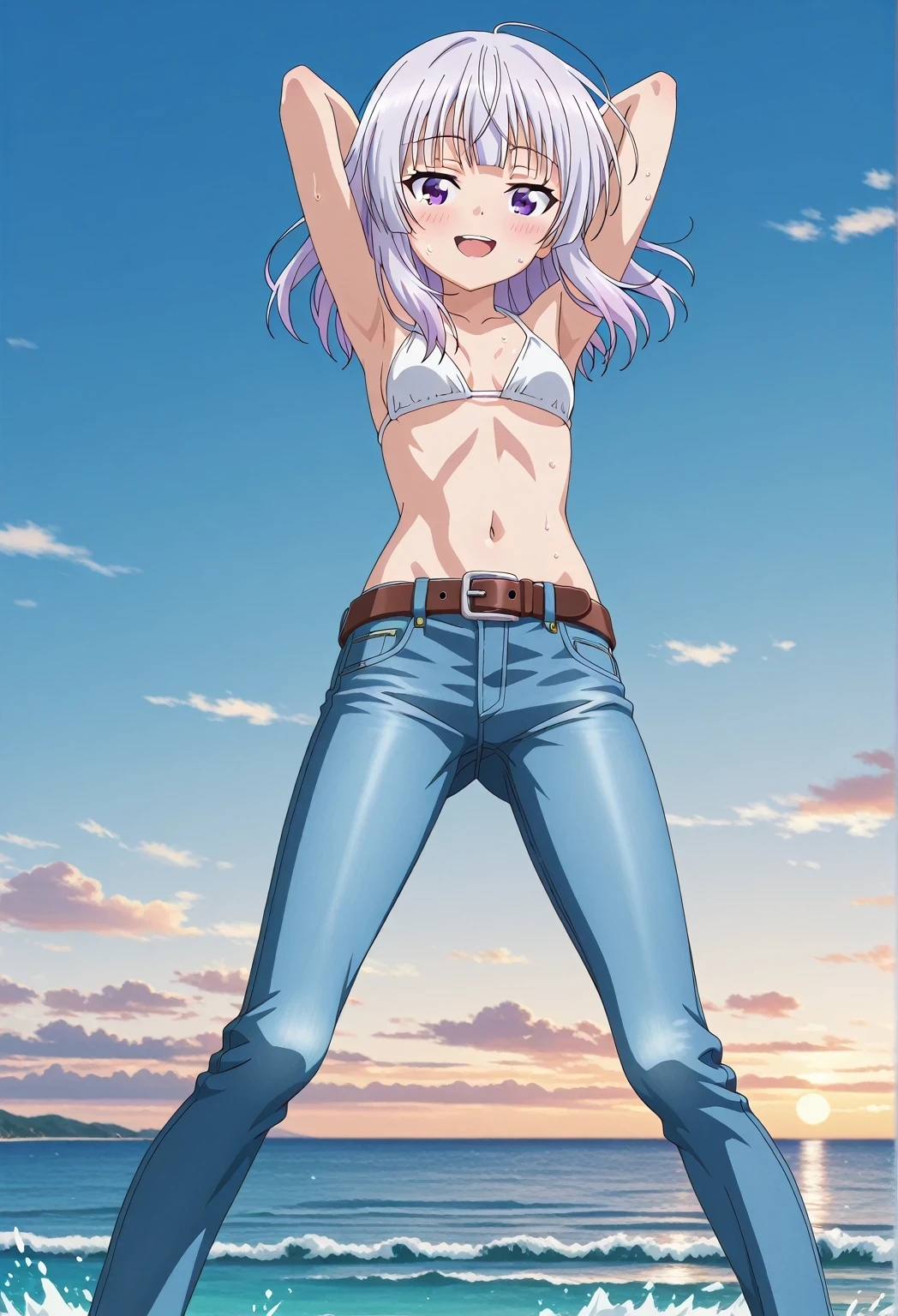 score_9, score_8_up, score_7_up, source_anime, highres, hi res, ((best quality, top quality, perfect quality, Highest Quality, amazing quality)), {{masterpiece}}, {{an extremely delicate and beautiful}}, 2d, intricate details, official style, anime, 8k, anime style, official_anime, official art, digital painting, cell shading, soft shading, high resolution, soothing tones, Subdued Color, Soft cinematic light, adobe lightroom, photolab, HDR, intricately and hyper-detailed, ((high quality animation)), 1 girl, Alone, solo, ((ocean)), tsunami, on the water, day, sunny, outdoors, sky, windy, arisu sakayanagi, sakayanagi arisu, long hair, bangs, purple eyes, white hair, blunt bangs, anime screencap, small breasts, white bikini top, best quality, hyper-detailed jeans, belt, brown belt, ((blue jeans:1.9)), (dark blue jeans:0.6), full medium body, medium shot, Open mouth, smiling, happy face, blush, sweat, standing, ((arms behind head:6.0)), bowlegged, jumping pose, action, looking at viewer, spread legs, Bend knees slightly, straight-on front view