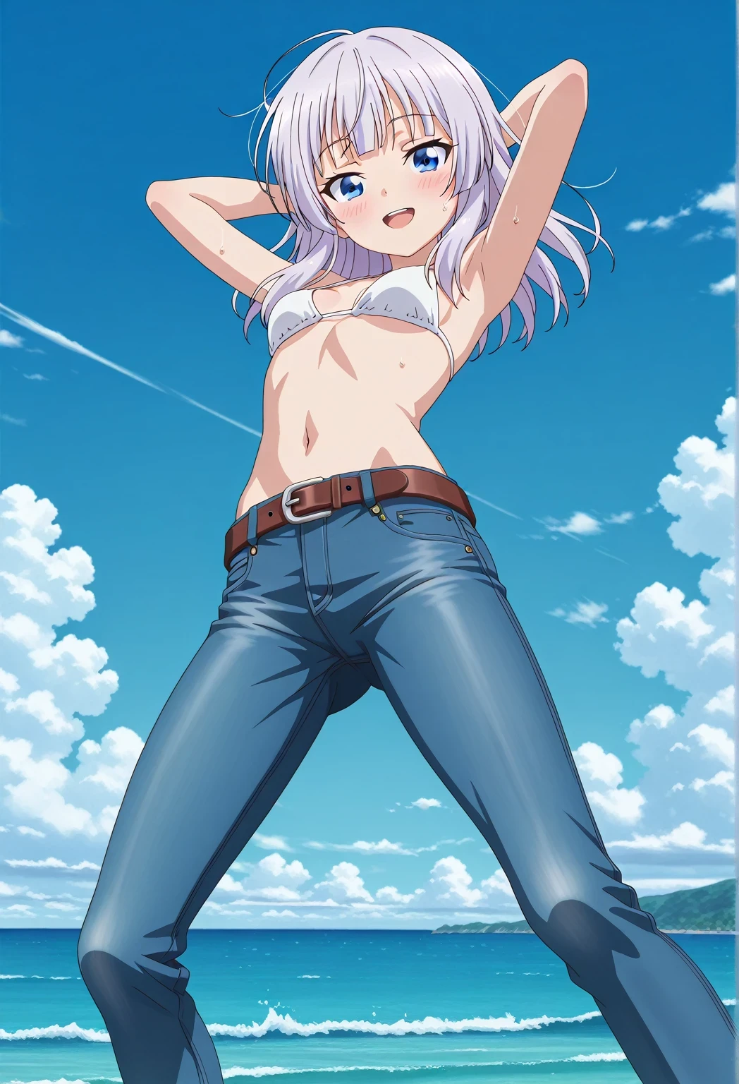 score_9, score_8_up, score_7_up, source_anime, highres, hi res, ((best quality, top quality, perfect quality, Highest Quality, amazing quality)), {{masterpiece}}, {{an extremely delicate and beautiful}}, 2d, intricate details, official style, anime, 8k, anime style, official_anime, official art, digital painting, cell shading, soft shading, high resolution, soothing tones, Subdued Color, Soft cinematic light, adobe lightroom, photolab, HDR, intricately and hyper-detailed, ((high quality animation)), 1 girl, Alone, solo, ((ocean)), tsunami, on the water, day, sunny, outdoors, sky, windy, arisu sakayanagi, sakayanagi arisu, long hair, bangs, purple eyes, white hair, blunt bangs, anime screencap, small breasts, white bikini top, best quality, hyper-detailed jeans, belt, brown belt, ((blue jeans:1.9)), (dark blue jeans:0.6), full medium body, medium shot, Open mouth, smiling, happy face, blush, sweat, standing, ((arms behind head:6.0)), bowlegged, jumping pose, action, looking at viewer, spread legs, Bend knees slightly, straight-on front view