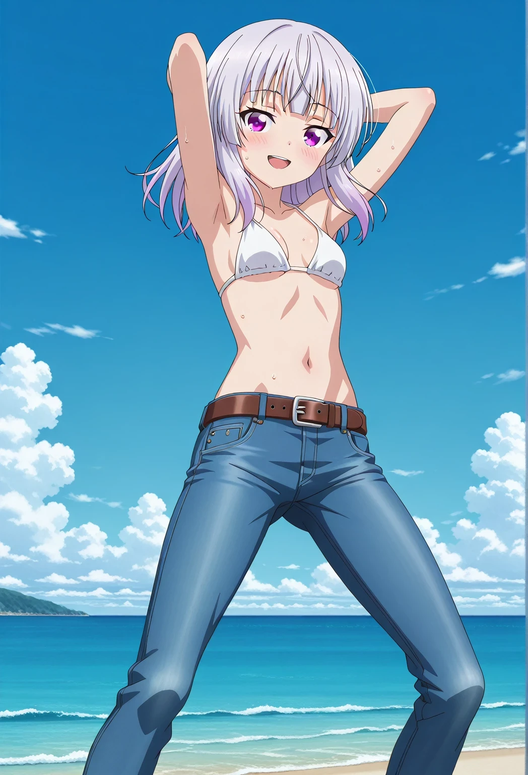 score_9, score_8_up, score_7_up, source_anime, highres, hi res, ((best quality, top quality, perfect quality, Highest Quality, amazing quality)), {{masterpiece}}, {{an extremely delicate and beautiful}}, 2d, intricate details, official style, anime, 8k, anime style, official_anime, official art, digital painting, cell shading, soft shading, high resolution, soothing tones, Subdued Color, Soft cinematic light, adobe lightroom, photolab, HDR, intricately and hyper-detailed, ((high quality animation)), 1 girl, Alone, solo, ((ocean)), tsunami, on the water, day, sunny, outdoors, sky, windy, arisu sakayanagi, sakayanagi arisu, long hair, bangs, purple eyes, white hair, blunt bangs, anime screencap, small breasts, white bikini top, best quality, hyper-detailed jeans, belt, brown belt, ((blue jeans:1.9)), (dark blue jeans:0.6), full medium body, medium shot, Open mouth, smiling, happy face, blush, sweat, standing, ((arms behind head:6.0)), bowlegged, jumping pose, action, looking at viewer, spread legs, Bend knees slightly, straight-on front view
