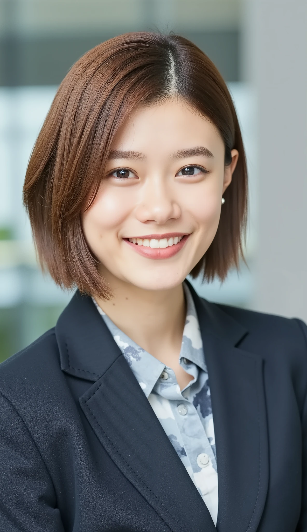 Neat Young Woman、looking at the camera、office lady suit、jacket、shirt、ear piercings、、hairstyle short bob、 pale brown hair、smile showing teeth、、face close-up、The background is office