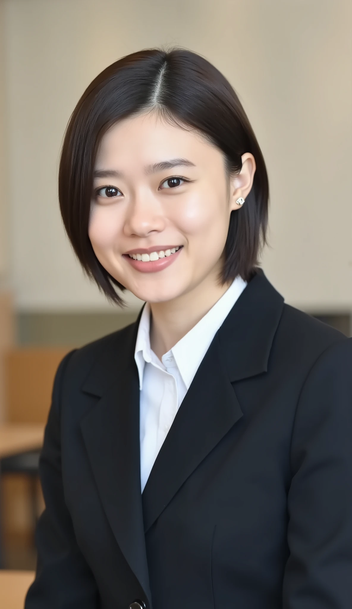 Neat Young Woman、looking at the camera、office lady suit、jacket、shirt、耳にピアス、、髪型ショートボブ、、歯を見せた笑顔、、face close-up、The background is office
