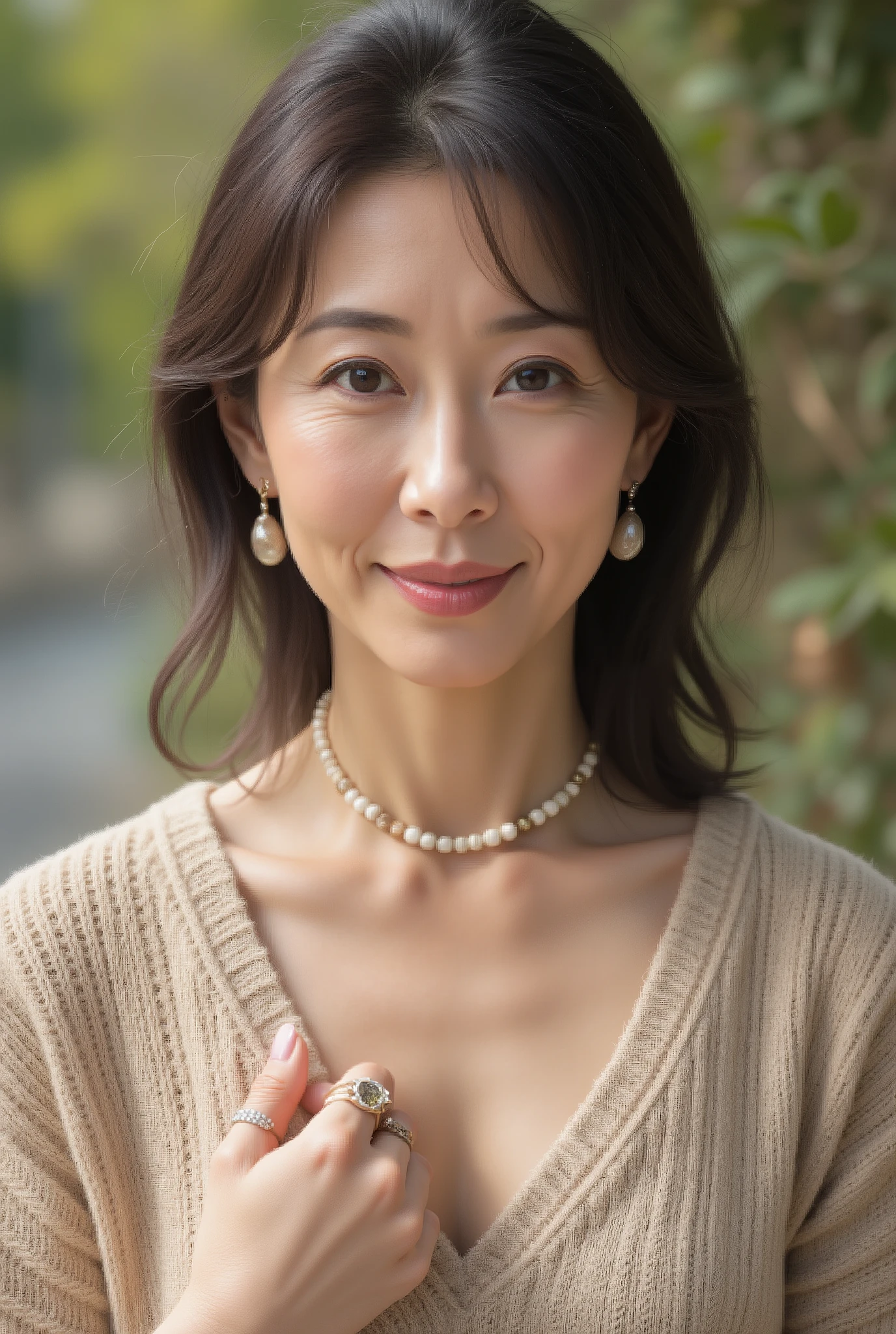 high resolution, masterpiece, Highest Quality, high resolution, (edition of: 1.4), (realistic: 1.2, 超realisticな: 1.1, realistic: 1.37), (sharp focus controlled by the master: 1.4), Women lining up in front of a hotel, physical-based rendering, unrivaled beauty, (ultimate beauty), (48 years old,: 1.4), japanese, close-up, Elegant laugh wrinkles:1.2, mature woman, Gentle smile, natural hairstyle, Beige Rough Knit Sweater, Bohemian Style Beaded Necklace, Natural Material Ring, Gentle and Warm Style, simple background