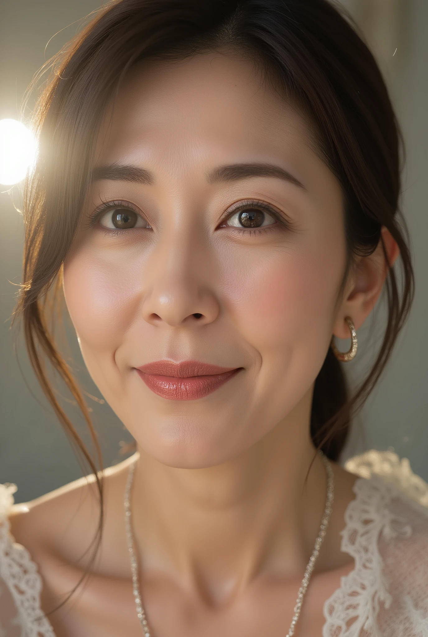 mature Japanese woman, 48 years old, dew々wearing shining makeup, shiny skin texture, pale peach blush, clear lip gloss, super real, high resolution, close-up, masterpiece, cinematic lighting, sharp focus controlled by the master, Photorealistic, soft depth of field, elegant,  refined, Fresh Expression, Subtle magical light, can't see hands, upper body only, physical-based rendering, Highest Quality, Sexy but classy, high resolution, Shining background light
