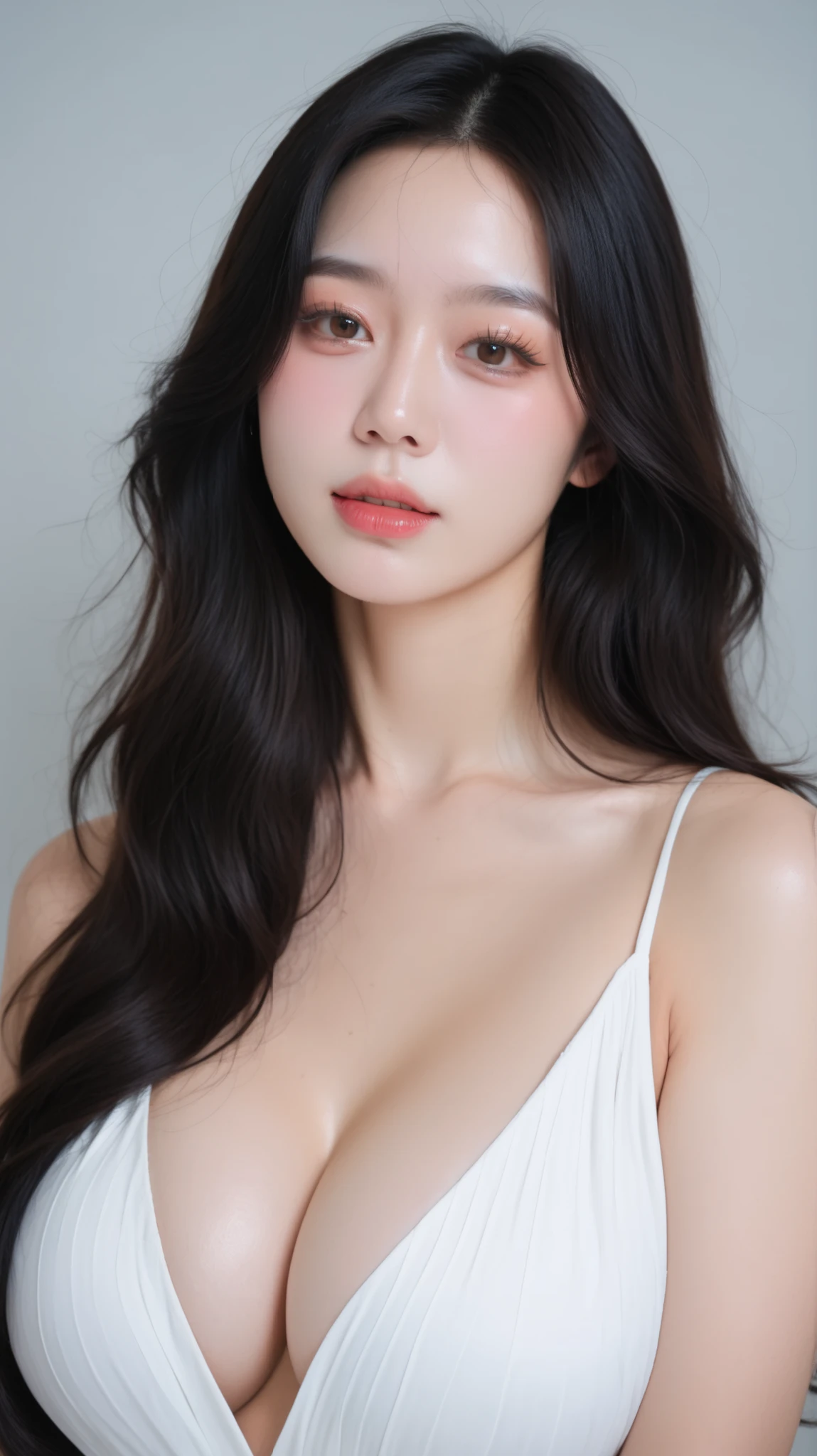 ((Realistic)), (Huge Breasts:1), ((Wide Hips)), ((wide pelvis)), (Wavy black hair), Dark Brown Eyes, ((Double Eyelids)), (Long Eyelashes), (((Korean Girl))), (((White Skin))), Beautiful Makeup, (Eyeshadow), Thick Thighs, Very Elaborate Eyes, Natural Light, (Masterpiece, Top Quality), (Sexy Beauty), Image of a woman wearing a tight black long dress with a ((deep V-neck)), dynamic angle, clean and minimalist white/gray background, looking at the viewer.