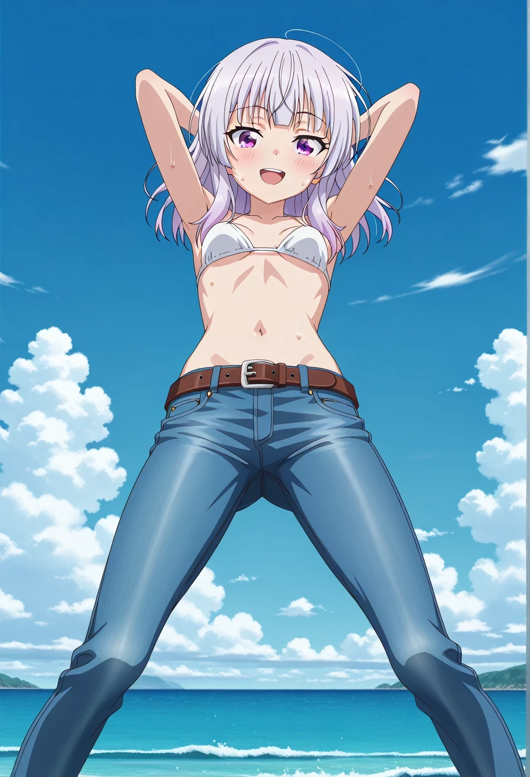 score_9, score_8_up, score_7_up, source_anime, highres, hi res, ((best quality, top quality, perfect quality, Highest Quality, amazing quality)), {{masterpiece}}, {{an extremely delicate and beautiful}}, 2d, intricate details, official style, anime, 8k, anime style, official_anime, official art, digital painting, cell shading, soft shading, high resolution, soothing tones, Subdued Color, Soft cinematic light, adobe lightroom, photolab, HDR, intricately and hyper-detailed, ((high quality animation)), 1 girl, Alone, solo, ((ocean)), tsunami, on the water, day, sunny, outdoors, sky, windy, arisu sakayanagi, sakayanagi arisu, long hair, bangs, purple eyes, white hair, blunt bangs, anime screencap, small breasts, white bikini top, best quality, hyper-detailed jeans, belt, brown belt, ((blue jeans:1.9)), (dark blue jeans:0.6), full medium body, medium shot, Open mouth, smiling, happy face, blush, sweat, standing, ((arms behind head:6.0)), bowlegged, jumping pose, action, looking at viewer, spread legs, Bend knees slightly, straight-on front view