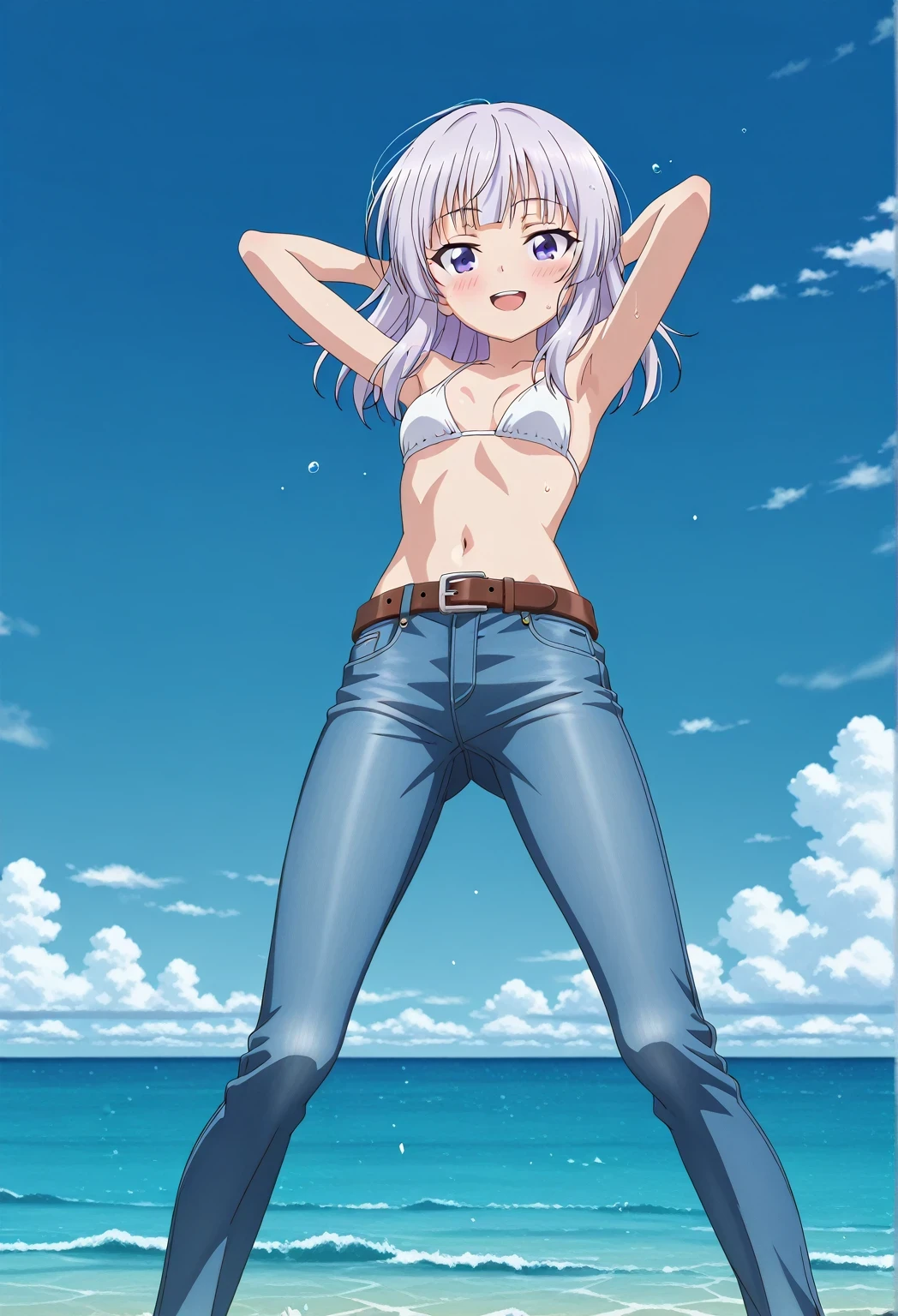 score_9, score_8_up, score_7_up, source_anime, highres, hi res, ((best quality, top quality, perfect quality, Highest Quality, amazing quality)), {{masterpiece}}, {{an extremely delicate and beautiful}}, 2d, intricate details, official style, anime, 8k, anime style, official_anime, official art, digital painting, cell shading, soft shading, high resolution, soothing tones, Subdued Color, Soft cinematic light, adobe lightroom, photolab, HDR, intricately and hyper-detailed, ((high quality animation)), 1 girl, Alone, solo, ((ocean)), tsunami, on the water, day, sunny, outdoors, sky, windy, arisu sakayanagi, sakayanagi arisu, long hair, bangs, purple eyes, white hair, blunt bangs, anime screencap, small breasts, white bikini top, best quality, hyper-detailed jeans, belt, brown belt, ((blue jeans:1.9)), (dark blue jeans:0.6), full medium body, medium shot, Open mouth, smiling, happy face, blush, sweat, standing, ((arms behind head:6.0)), bowlegged, jumping pose, action, looking at viewer, spread legs, Bend knees slightly, straight-on front view