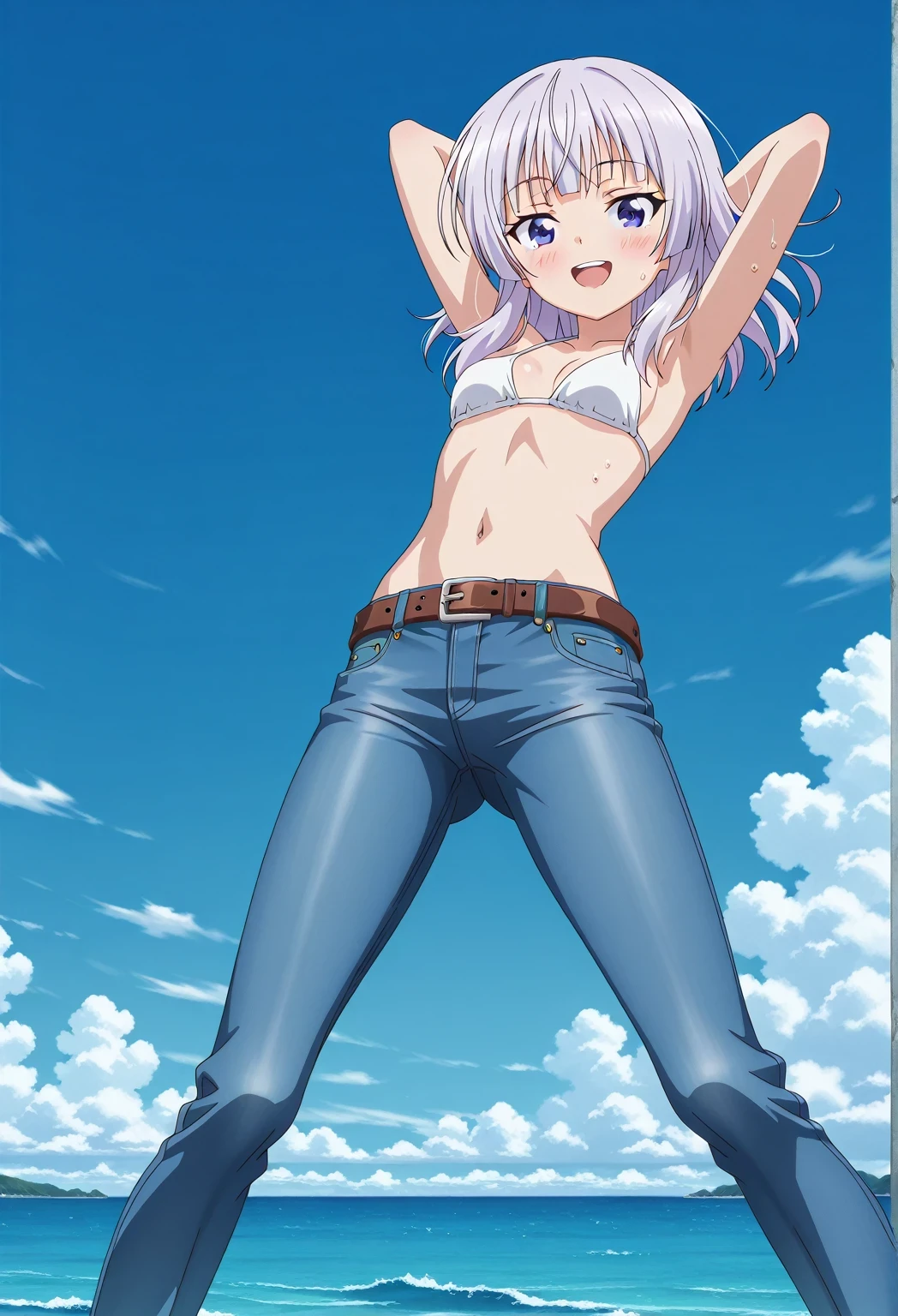 score_9, score_8_up, score_7_up, source_anime, highres, hi res, ((best quality, top quality, perfect quality, Highest Quality, amazing quality)), {{masterpiece}}, {{an extremely delicate and beautiful}}, 2d, intricate details, official style, anime, 8k, anime style, official_anime, official art, digital painting, cell shading, soft shading, high resolution, soothing tones, Subdued Color, Soft cinematic light, adobe lightroom, photolab, HDR, intricately and hyper-detailed, ((high quality animation)), 1 girl, Alone, solo, ((ocean)), tsunami, on the water, day, sunny, outdoors, sky, windy, arisu sakayanagi, sakayanagi arisu, long hair, bangs, purple eyes, white hair, blunt bangs, anime screencap, small breasts, white bikini top, best quality, hyper-detailed jeans, belt, brown belt, ((blue jeans:1.9)), (dark blue jeans:0.6), full medium body, medium shot, Open mouth, smiling, happy face, blush, sweat, standing, ((arms behind head:6.0)), bowlegged, jumping pose, action, looking at viewer, spread legs, Bend knees slightly, straight-on front view