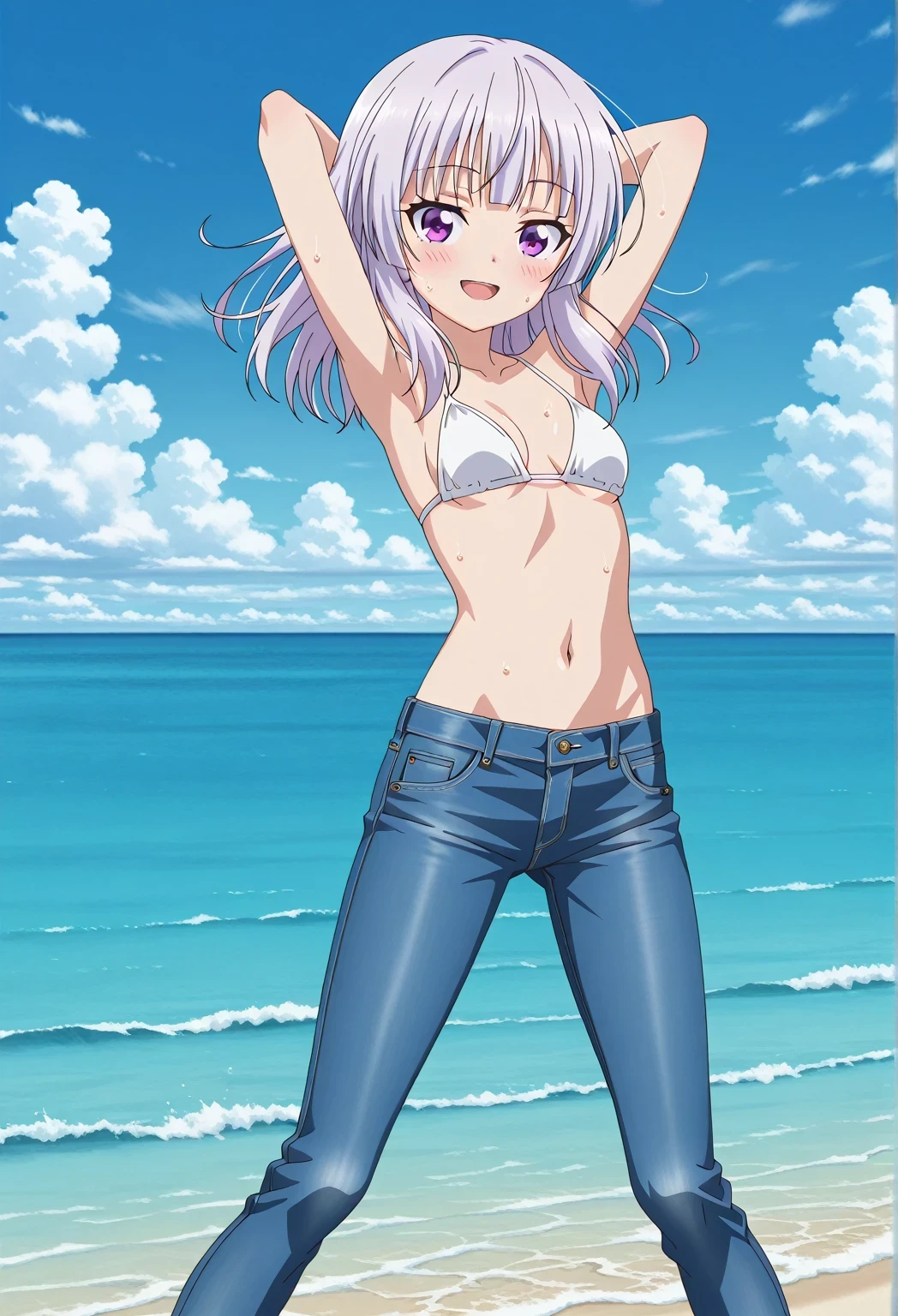 score_9, score_8_up, score_7_up, source_anime, highres, hi res, ((best quality, top quality, perfect quality, Highest Quality, amazing quality)), {{masterpiece}}, {{an extremely delicate and beautiful}}, 2d, intricate details, official style, anime, 8k, anime style, official_anime, official art, digital painting, cell shading, soft shading, high resolution, soothing tones, Subdued Color, Soft cinematic light, adobe lightroom, photolab, HDR, intricately and hyper-detailed, ((high quality animation)), 1 girl, Alone, solo, ((ocean)), tsunami, on the water, day, sunny, outdoors, sky, windy, arisu sakayanagi, sakayanagi arisu, long hair, bangs, purple eyes, white hair, blunt bangs, anime screencap, small breasts, white bikini top, best quality, hyper-detailed jeans, ((blue jeans:1.9)), (dark blue jeans:0.6), full medium body, medium shot, Open mouth, smiling, happy face, blush, sweat, standing, ((arms behind head:6.0)), bowlegged, jumping pose, action, looking at viewer, spread legs, Bend knees slightly, straight-on front view