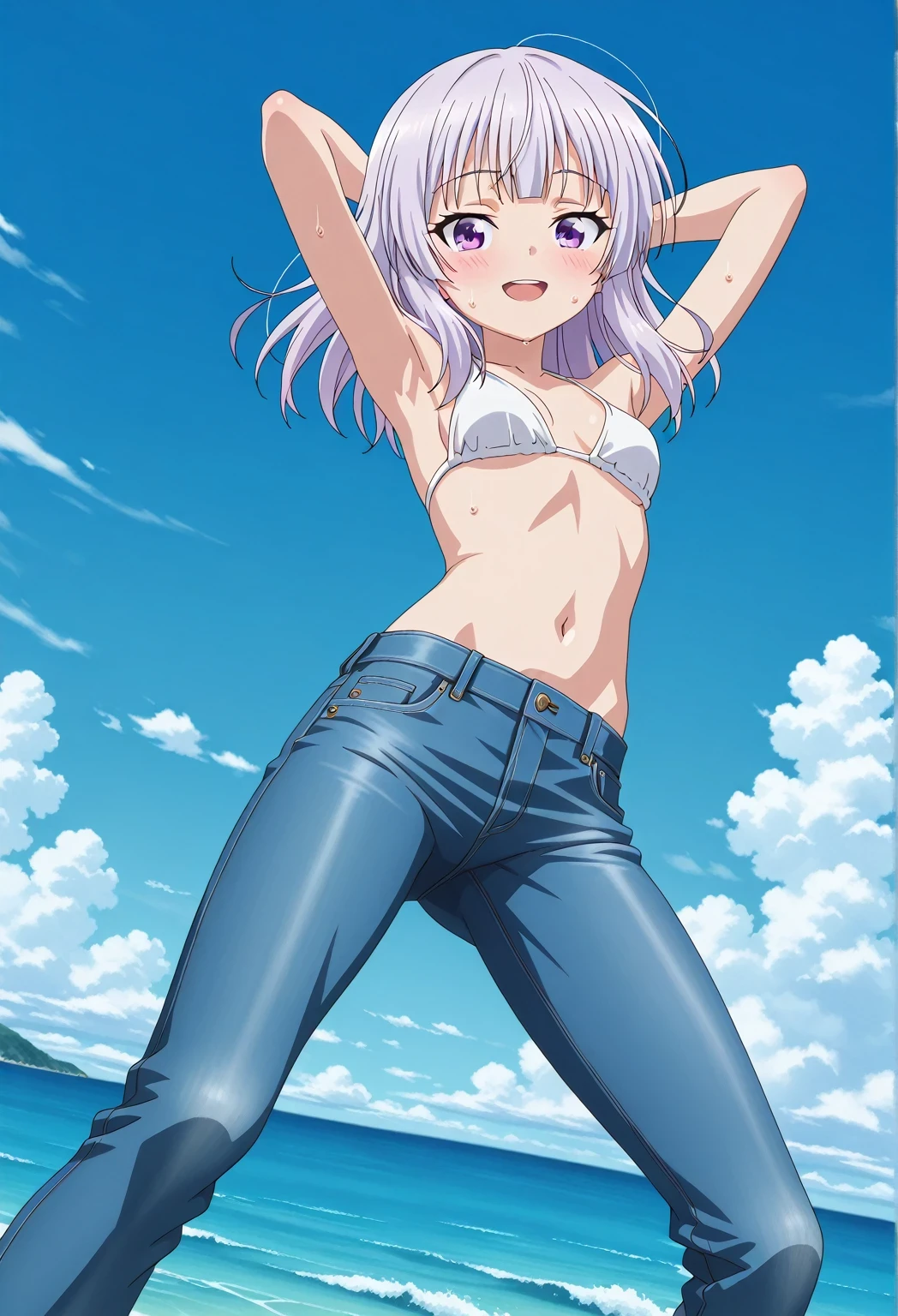 score_9, score_8_up, score_7_up, source_anime, highres, hi res, ((best quality, top quality, perfect quality, Highest Quality, amazing quality)), {{masterpiece}}, {{an extremely delicate and beautiful}}, 2d, intricate details, official style, anime, 8k, anime style, official_anime, official art, digital painting, cell shading, soft shading, high resolution, soothing tones, Subdued Color, Soft cinematic light, adobe lightroom, photolab, HDR, intricately and hyper-detailed, ((high quality animation)), 1 girl, Alone, solo, ((ocean)), tsunami, on the water, day, sunny, outdoors, sky, windy, arisu sakayanagi, sakayanagi arisu, long hair, bangs, purple eyes, white hair, blunt bangs, anime screencap, small breasts, white bikini top, best quality, hyper-detailed jeans, ((blue jeans:1.9)), (dark blue jeans:0.6), full medium body, medium shot, Open mouth, smiling, happy face, blush, sweat, standing, ((arms behind head:6.0)), bowlegged, jumping pose, action, looking at viewer, spread legs, Bend knees slightly, straight-on front view