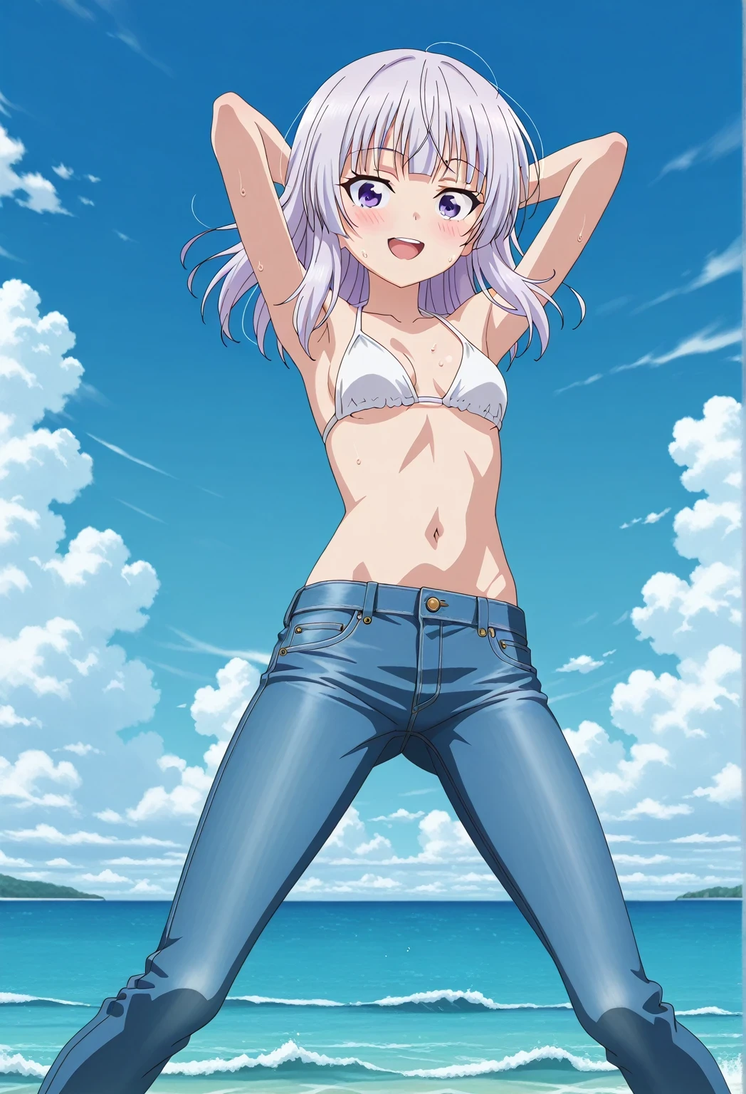 score_9, score_8_up, score_7_up, source_anime, highres, hi res, ((best quality, top quality, perfect quality, Highest Quality, amazing quality)), {{masterpiece}}, {{an extremely delicate and beautiful}}, 2d, intricate details, official style, anime, 8k, anime style, official_anime, official art, digital painting, cell shading, soft shading, high resolution, soothing tones, Subdued Color, Soft cinematic light, adobe lightroom, photolab, HDR, intricately and hyper-detailed, ((high quality animation)), 1 girl, Alone, solo, ((ocean)), tsunami, on the water, day, sunny, outdoors, sky, windy, arisu sakayanagi, sakayanagi arisu, long hair, bangs, purple eyes, white hair, blunt bangs, anime screencap, small breasts, white bikini top, best quality, hyper-detailed jeans, ((blue jeans:1.9)), (dark blue jeans:0.6), full medium body, medium shot, Open mouth, smiling, happy face, blush, sweat, standing, ((arms behind head:6.0)), bowlegged, jumping pose, action, looking at viewer, spread legs, Bend knees slightly, straight-on front view