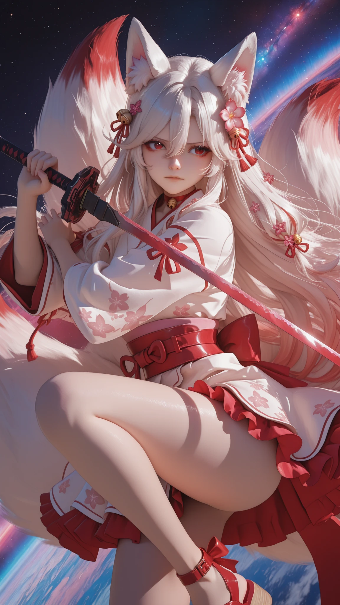 masterpiece, Highest Quality, Newest, absurd, high resolution, Hype4realistic,detailed art style, Kit Sunny Star VTXL, fox ears, animal ear fluff, Red Eyes, Silver Hair, long hair, side lock, hair between eyes, Red hair ornament, hair flower,  hair bell, RED CHOKER BELL , FOXTAIL, Multi Tail, shoulder out, Strict Face Fighting the Serpent in a Mysterious Space,dynamic pose,Long Sword, White kimono, red belt, Mini length, frills, pink thighs, Red sandals,In a mysterious space, Expressive Brush Strokes,Brilliant Colors,