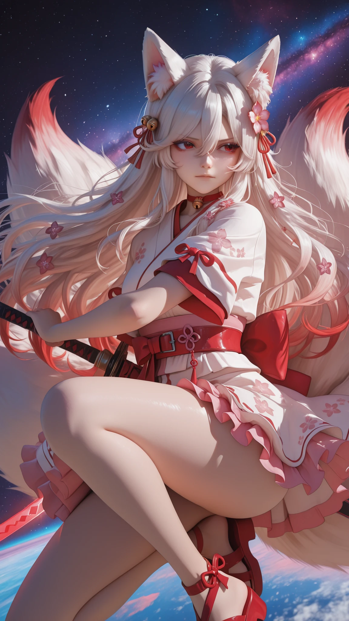 masterpiece, Highest Quality, Newest, absurd, high resolution, Hype4realistic,detailed art style, Kit Sunny Star VTXL, fox ears, animal ear fluff, Red Eyes, Silver Hair, long hair, side lock, hair between eyes, Red hair ornament, hair flower, hair bell, RED CHOKER BELL , FOXTAIL, Multi Tail, shoulder out, Strict Face Fighting the Serpent in a Mysterious Space,dynamic pose,Long Sword, White kimono, red belt, Mini length, frills, pink thighs, Red sandals,In a mysterious space, Expressive Brush Strokes,Brilliant Colors,