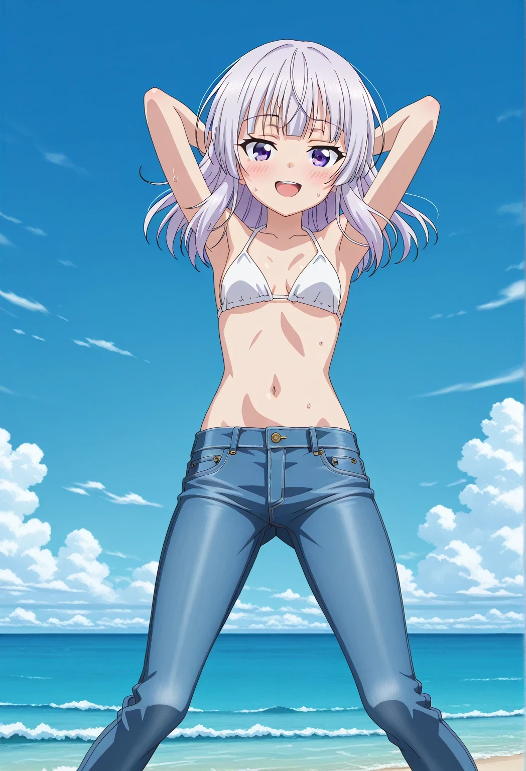 score_9, score_8_up, score_7_up, source_anime, highres, hi res, ((best quality, top quality, perfect quality, Highest Quality, amazing quality)), {{masterpiece}}, {{an extremely delicate and beautiful}}, 2d, intricate details, official style, anime, 8k, anime style, official_anime, official art, digital painting, cell shading, soft shading, high resolution, soothing tones, Subdued Color, Soft cinematic light, adobe lightroom, photolab, HDR, intricately and hyper-detailed, ((high quality animation)), 1 girl, Alone, solo, ((ocean)), tsunami, on the water, day, sunny, outdoors, sky, windy, arisu sakayanagi, sakayanagi arisu, long hair, bangs, purple eyes, white hair, blunt bangs, anime screencap, small breasts, white bikini top, best quality, hyper-detailed jeans, ((blue jeans:1.9)), (dark blue jeans:0.6), full medium body, medium shot, Open mouth, smiling, happy face, blush, sweat, standing, ((arms behind head:6.0)), bowlegged, jumping pose, action, looking at viewer, spread legs, Bend knees slightly, straight-on front view