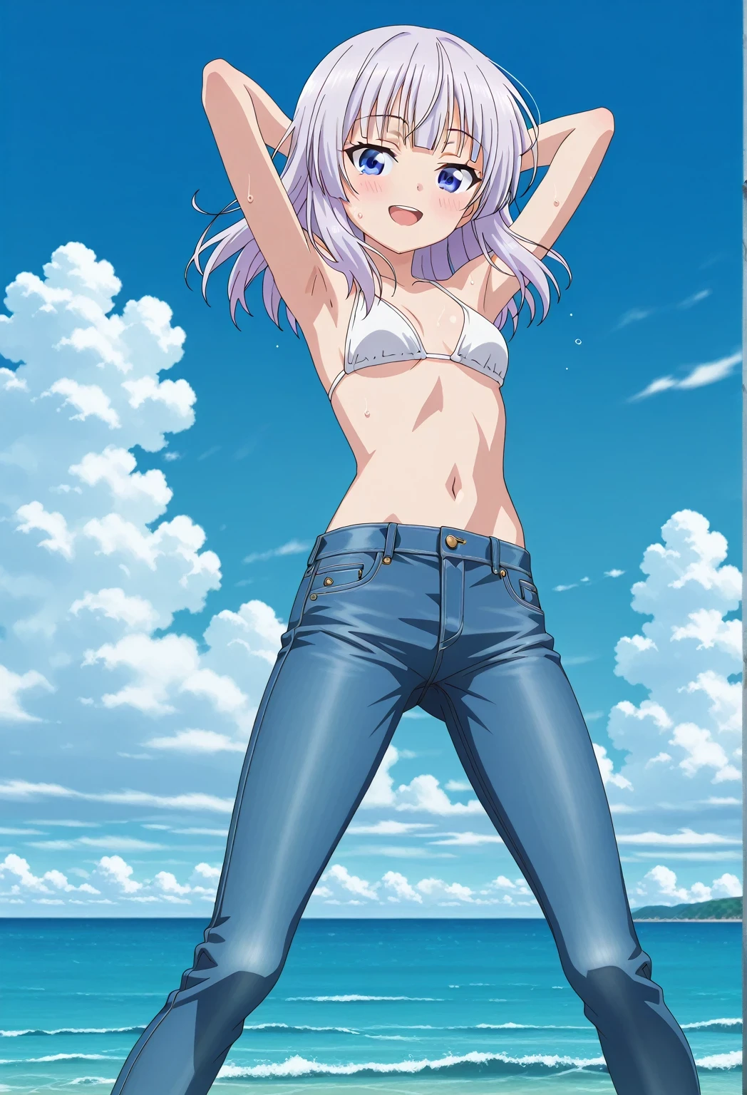score_9, score_8_up, score_7_up, source_anime, highres, hi res, ((best quality, top quality, perfect quality, Highest Quality, amazing quality)), {{masterpiece}}, {{an extremely delicate and beautiful}}, 2d, intricate details, official style, anime, 8k, anime style, official_anime, official art, digital painting, cell shading, soft shading, high resolution, soothing tones, Subdued Color, Soft cinematic light, adobe lightroom, photolab, HDR, intricately and hyper-detailed, ((high quality animation)), 1 girl, Alone, solo, ((ocean)), tsunami, on the water, day, sunny, outdoors, sky, windy, arisu sakayanagi, sakayanagi arisu, long hair, bangs, purple eyes, white hair, blunt bangs, anime screencap, small breasts, white bikini top, best quality, hyper-detailed jeans, ((blue jeans:1.9)), (dark blue jeans:0.6), full medium body, medium shot, Open mouth, smiling, happy face, blush, sweat, standing, ((arms behind head:6.0)), bowlegged, jumping pose, action, looking at viewer, spread legs, Bend knees slightly, straight-on front view