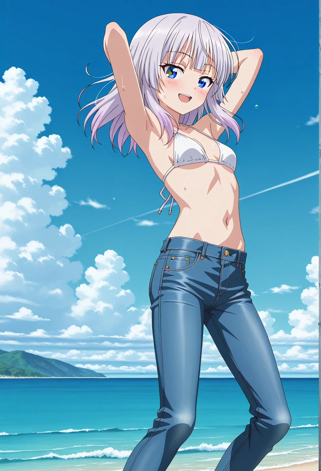 score_9, score_8_up, score_7_up, source_anime, highres, hi res, ((best quality, top quality, perfect quality, Highest Quality, amazing quality)), {{masterpiece}}, {{an extremely delicate and beautiful}}, 2d, intricate details, official style, anime, 8k, anime style, official_anime, official art, digital painting, cell shading, soft shading, high resolution, soothing tones, Subdued Color, Soft cinematic light, adobe lightroom, photolab, HDR, intricately and hyper-detailed, ((high quality animation)), 1 girl, Alone, solo, ((ocean)), tsunami, on the water, day, sunny, outdoors, sky, windy, arisu sakayanagi, sakayanagi arisu, long hair, bangs, purple eyes, white hair, blunt bangs, anime screencap, small breasts, white bikini top, best quality, hyper-detailed jeans, ((blue jeans:1.9)), (dark blue jeans:0.6), full medium body, medium shot, Open mouth, smiling, happy face, blush, sweat, standing, ((arms behind head:6.0)), bowlegged, jumping pose, action, looking at viewer, spread legs, Bend knees slightly, straight-on front view