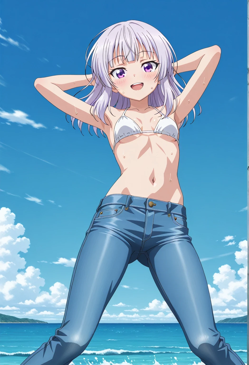 score_9, score_8_up, score_7_up, source_anime, highres, hi res, ((best quality, top quality, perfect quality, Highest Quality, amazing quality)), {{masterpiece}}, {{an extremely delicate and beautiful}}, 2d, intricate details, official style, anime, 8k, anime style, official_anime, official art, digital painting, cell shading, soft shading, high resolution, soothing tones, Subdued Color, Soft cinematic light, adobe lightroom, photolab, HDR, intricately and hyper-detailed, ((high quality animation)), 1 girl, Alone, solo, ((ocean)), tsunami, on the water, day, sunny, outdoors, sky, windy, arisu sakayanagi, sakayanagi arisu, long hair, bangs, purple eyes, white hair, blunt bangs, anime screencap, small breasts, white bikini top, best quality, hyper-detailed jeans, ((blue jeans:1.9)), (dark blue jeans:0.6), full medium body, medium shot, Open mouth, smiling, happy face, blush, sweat, standing, ((arms behind head:6.0)), bowlegged, jumping pose, action, looking at viewer, spread legs, Bend knees slightly, straight-on front view