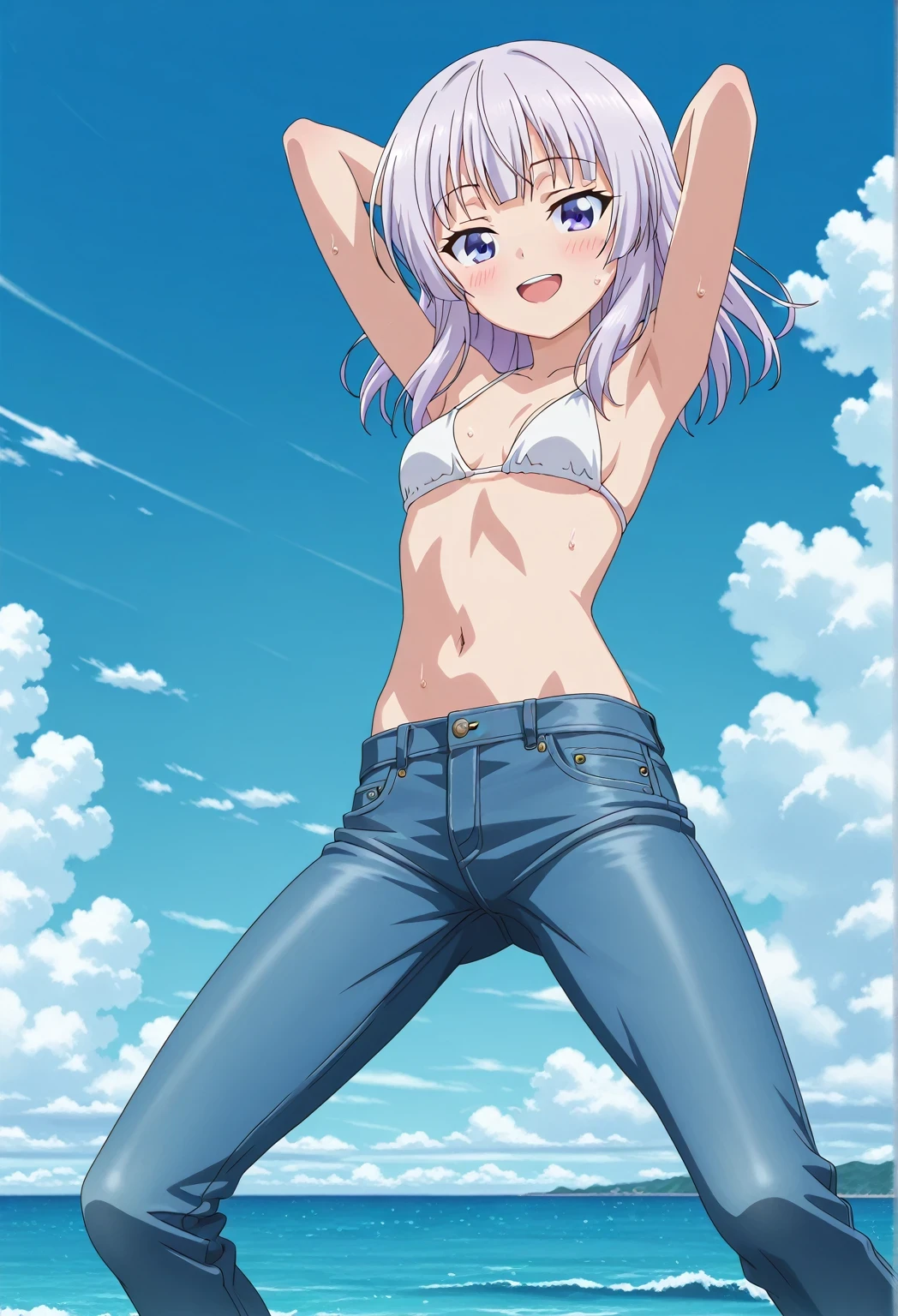 score_9, score_8_up, score_7_up, source_anime, highres, hi res, ((best quality, top quality, perfect quality, Highest Quality, amazing quality)), {{masterpiece}}, {{an extremely delicate and beautiful}}, 2d, intricate details, official style, anime, 8k, anime style, official_anime, official art, digital painting, cell shading, soft shading, high resolution, soothing tones, Subdued Color, Soft cinematic light, adobe lightroom, photolab, HDR, intricately and hyper-detailed, ((high quality animation)), 1 girl, Alone, solo, ((ocean)), tsunami, on the water, day, sunny, outdoors, sky, windy, arisu sakayanagi, sakayanagi arisu, long hair, bangs, purple eyes, white hair, blunt bangs, anime screencap, small breasts, white bikini top, best quality, hyper-detailed jeans, ((blue jeans:1.9)), (dark blue jeans:0.6), full medium body, medium shot, Open mouth, smiling, happy face, blush, sweat, standing, ((arms behind head:6.0)), bowlegged, jumping pose, action, looking at viewer, spread legs, Bend knees slightly, straight-on front view