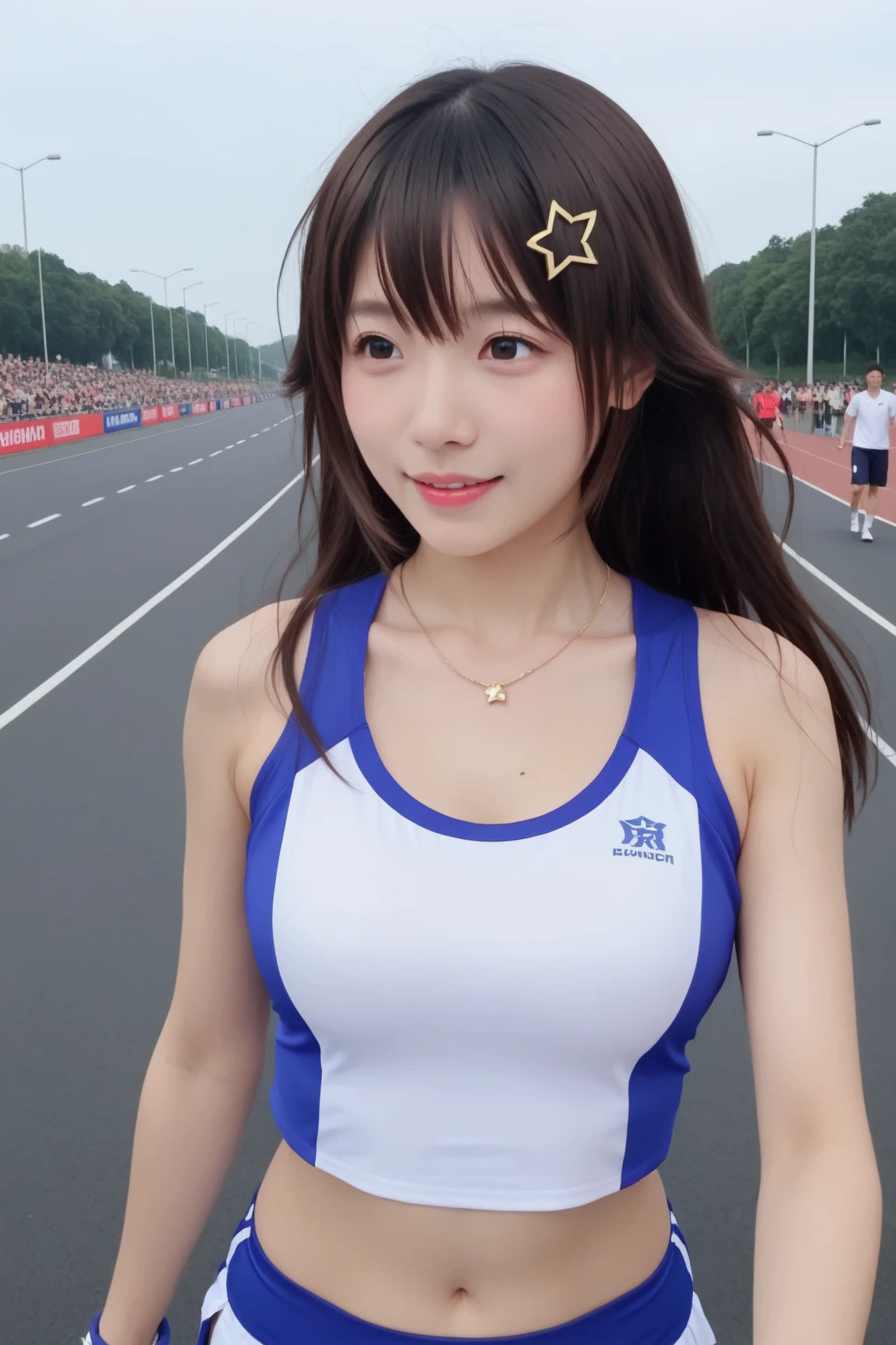 ((tmasterpiece, Top image quality, A high resolution、独奏、small tits、Sleeveless uniforms on land、track and field athlete、High-Ponytail hairstyle、no-bra、full body Esbian、A smile、A slight smil、Tekatka skin、glowy skin))、Sweaty face、latina, puberty, full of sweat、red lipsticks、Walk along the tracks of the track and field、独奏、Hands and hips、Navel is visible、((Thigh-elevation training))、((Running on the track))、(((manly body)))、((Uniforms wet with sweat))、(((See the whole body)))