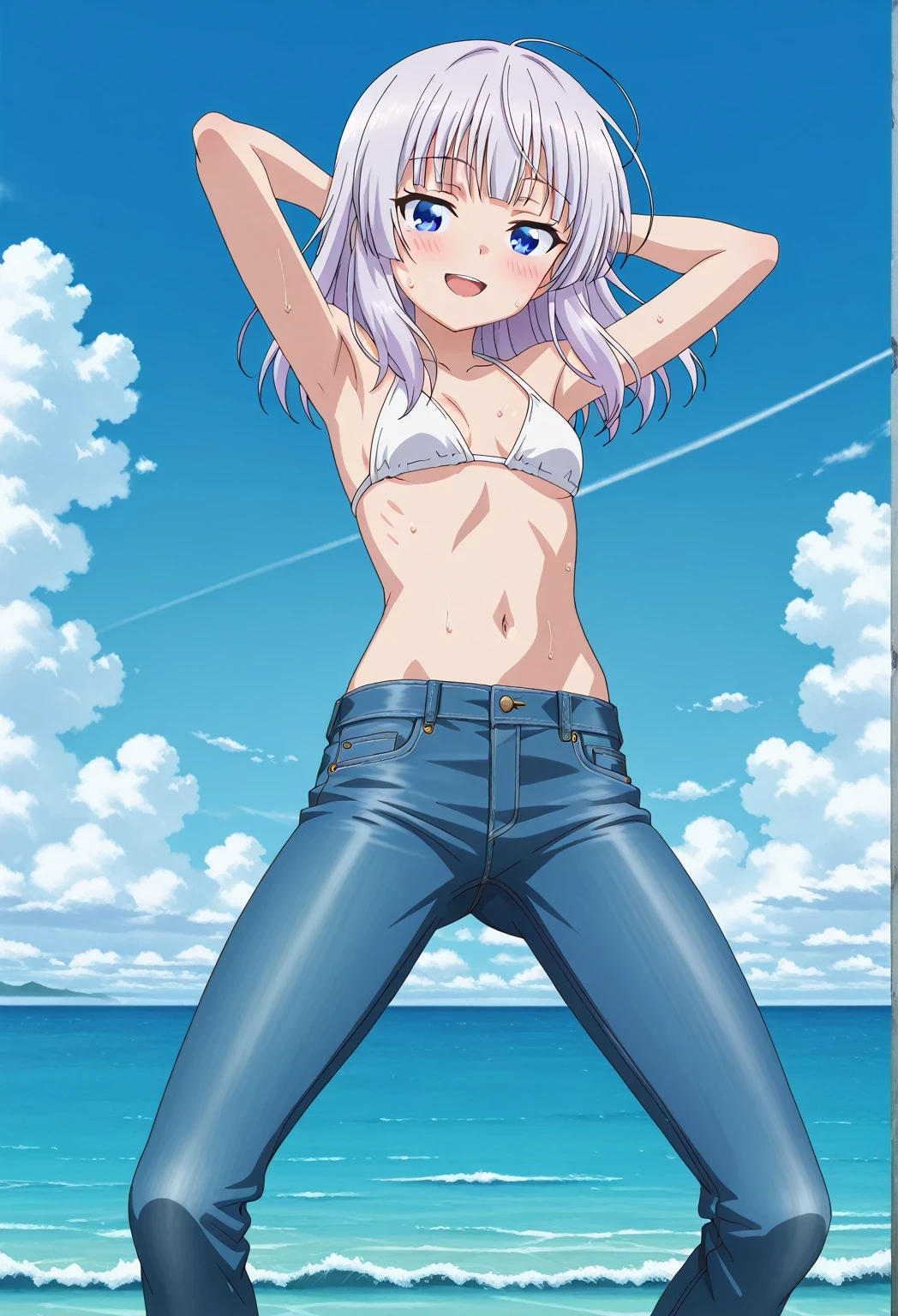 score_9, score_8_up, score_7_up, source_anime, highres, hi res, ((best quality, top quality, perfect quality, Highest Quality, amazing quality)), {{masterpiece}}, {{an extremely delicate and beautiful}}, 2d, intricate details, official style, anime, 8k, anime style, official_anime, official art, digital painting, cell shading, soft shading, high resolution, soothing tones, Subdued Color, Soft cinematic light, adobe lightroom, photolab, HDR, intricately and hyper-detailed, ((high quality animation)), 1 girl, Alone, solo, ((ocean)), tsunami, on the water, day, sunny, outdoors, sky, windy, arisu sakayanagi, sakayanagi arisu, long hair, bangs, purple eyes, white hair, blunt bangs, anime screencap, small breasts, white bikini top, best quality, hyper-detailed jeans, ((blue jeans:1.9)), (dark blue jeans:0.6), full medium body, medium shot, Open mouth, smiling, happy face, blush, sweat, standing, ((arms behind head:6.0)), bowlegged, jumping pose, action, looking at viewer, spread legs, Bend knees slightly, straight-on front view