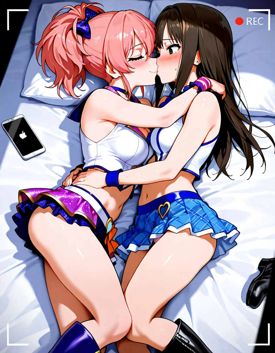(Best Illustration, masutepiece) Bed in the bedroom A large amount of messy bras Two married women hugging each other on the bed A see-through camisole Lace micro  Lesbian A naughty smile