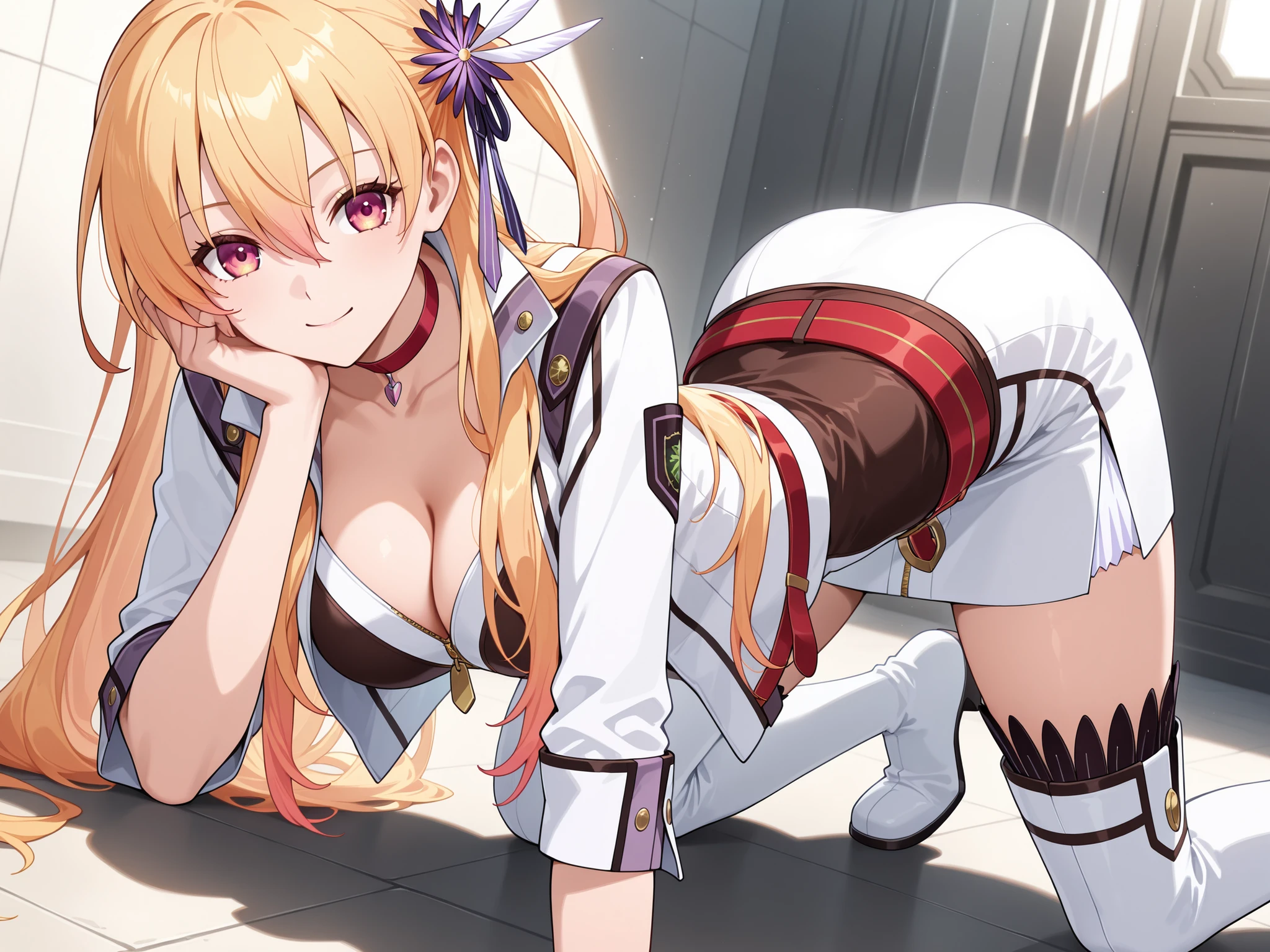 highres, absurdres,source anime,1girl,solo,alisa reinford,sen3alisa,blonde hair,side ponytail,red choker,collarbone,cleavage,white short jacket,open jacket,gold zipper,white sleeves,sleeves rolled up,white and dark brown tubetop,white pencil skirt,red belt,white longboots,zettai ryouiki,all fours, arched back, elbows on ground,
bent knees, hip raised, head rest,smile,