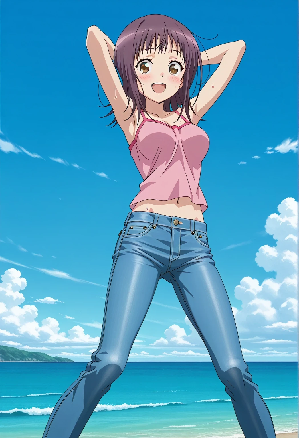 score_9, score_8_up, score_7_up, source_anime, highres, hi res, ((best quality, top quality, perfect quality, Highest Quality, amazing quality)), {{masterpiece}}, {{an extremely delicate and beautiful}}, 2d, intricate details, official style, anime, 8k, anime style, official_anime, official art, digital painting, cell shading, soft shading, high resolution, soothing tones, Subdued Color, Soft cinematic light, adobe lightroom, photolab, HDR, intricately and hyper-detailed, ((high quality animation)), 1 girl, Alone, solo, ((ocean)), tsunami, on the water, day, sunny, outdoors, sky, windy, itsuwa, short hair, brown hair, brown eyes, anime screencap, medium breasts, pink camisole top, crop top, pink crop top, best quality, hyper-detailed jeans, ((blue jeans:1.9)), (dark blue jeans:0.6), full medium body, medium shot, Open mouth, smiling, happy face, blush, sweat, standing, ((arms behind head:6.0)), bowlegged, jumping pose, action, looking at viewer, spread legs, Bend knees slightly, straight-on front view