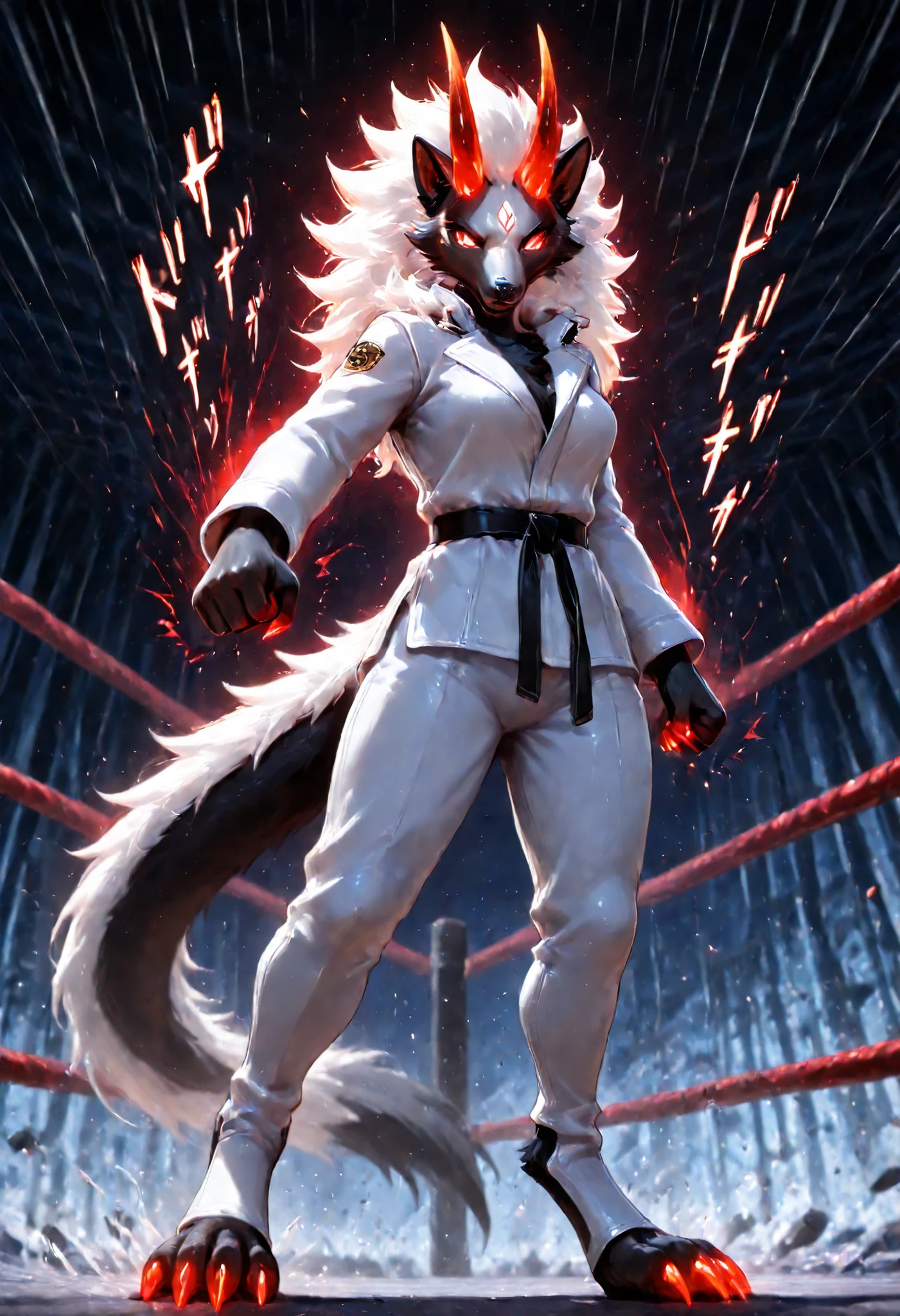 sharrax, ((((anthro)))), ((female)), straight glowing horns,red glowing claws, pitch black body fur, luminous white mane, luminous white-black tail,8K resolution, High detail, Realistic fur texture, fighter, standing in masterpiece, ultra-HD, high detail, depth of field, best quality, 8k, best quality, ergonomic, (anime coloring, anime screencap), official art.
1girl, solo,((fighting ring, White Martial Arts Suit。black belt。Shoot Masuku's punch。Shockwave of Punch。in heat,sound effects))