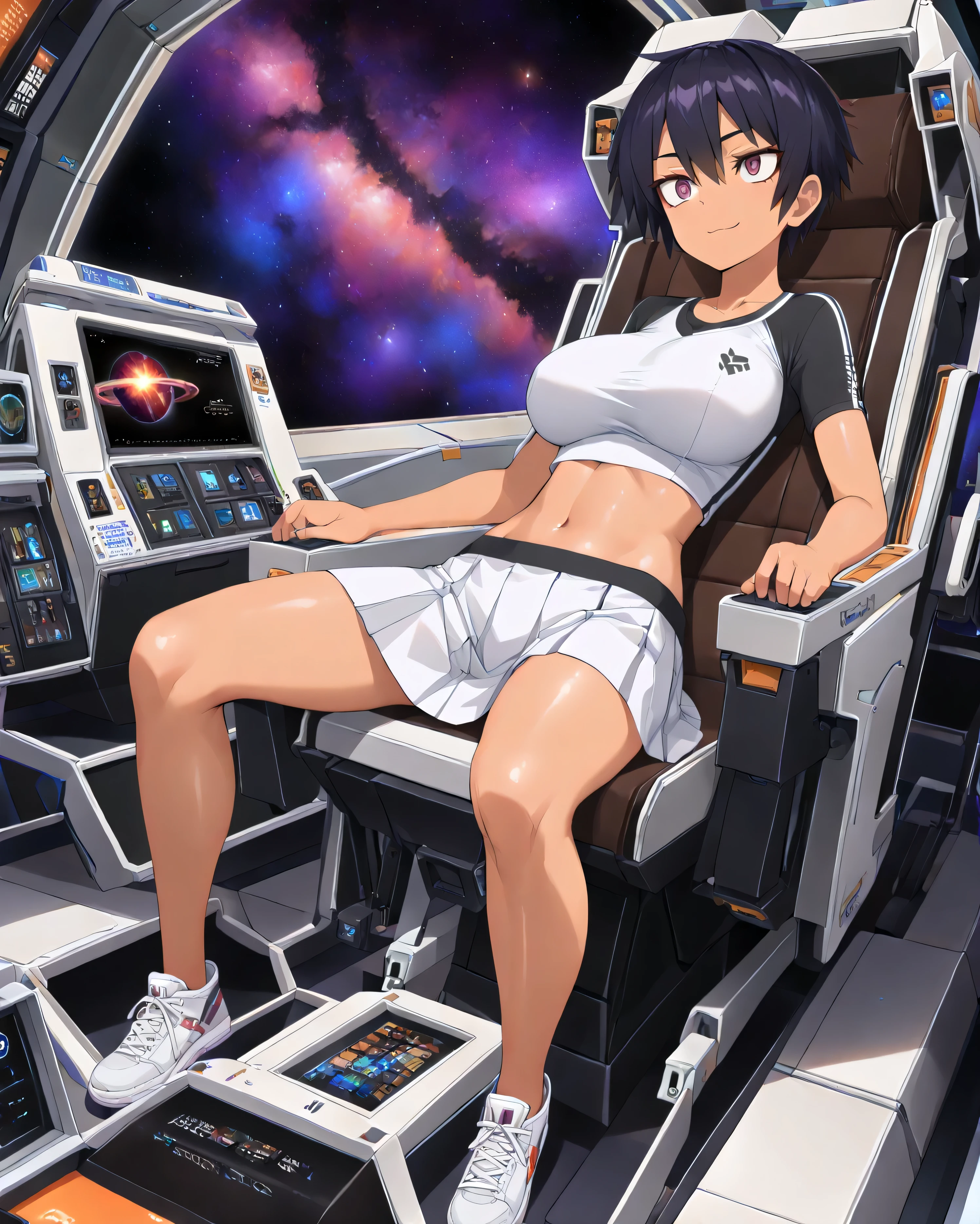 (((masterpiece, best quality))), space(((nebula))), 1girl(((tomboy))), 17years old, dark_skin, sodomy_hair, short_hair, ember_eyes, curvy, large_breast, crop_top, skirt, sneakers, navel, sitting, cockpit,  window, light smile, mature