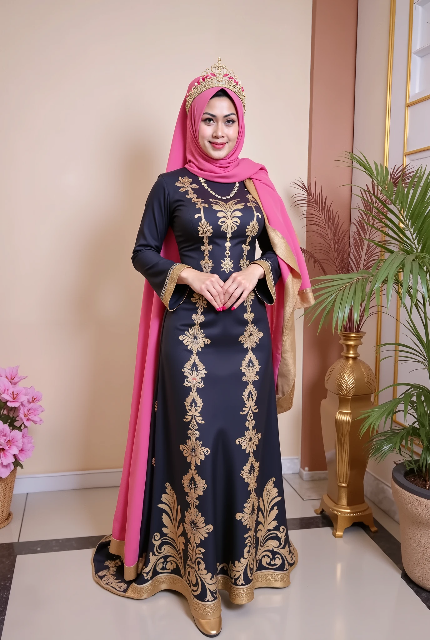 hyper HD, Masterpiece, Textured skin, 4K, Best quality of potrait a Beautiful hijab asian woman white fairy skin wearing dress , close-up half body , perfect hijab, detail veil , hyper realistic scarf and ornate on her side big back head hijab on likely hijab bun style , happy vibes, beauty smile , open mouth showing teeth , smiling confident , huge breast , perfect hands , auto correct detail fingers.