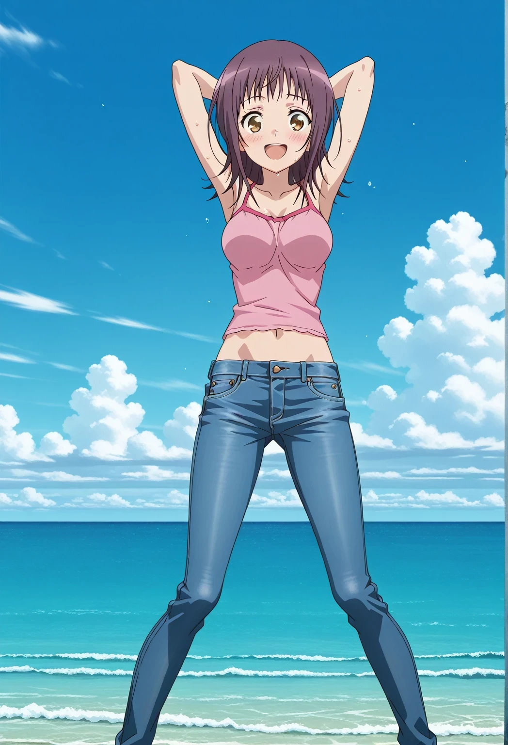 score_9, score_8_up, score_7_up, source_anime, highres, hi res, ((best quality, top quality, perfect quality, Highest Quality, amazing quality)), {{masterpiece}}, {{an extremely delicate and beautiful}}, 2d, intricate details, official style, anime, 8k, anime style, official_anime, official art, digital painting, cell shading, soft shading, high resolution, soothing tones, Subdued Color, Soft cinematic light, adobe lightroom, photolab, HDR, intricately and hyper-detailed, ((high quality animation)), 1 girl, Alone, solo, ((ocean)), tsunami, on the water, day, sunny, outdoors, sky, windy, itsuwa, short hair, brown hair, brown eyes, anime screencap, medium breasts, pink camisole top, crop top, pink crop top, best quality, hyper-detailed jeans, ((blue jeans:1.9)), (dark blue jeans:0.6), full medium body, medium shot, Open mouth, smiling, happy face, blush, sweat, standing, ((arms behind head:6.0)), bowlegged, jumping pose, action, looking at viewer, spread legs, Bend knees slightly, straight-on front view