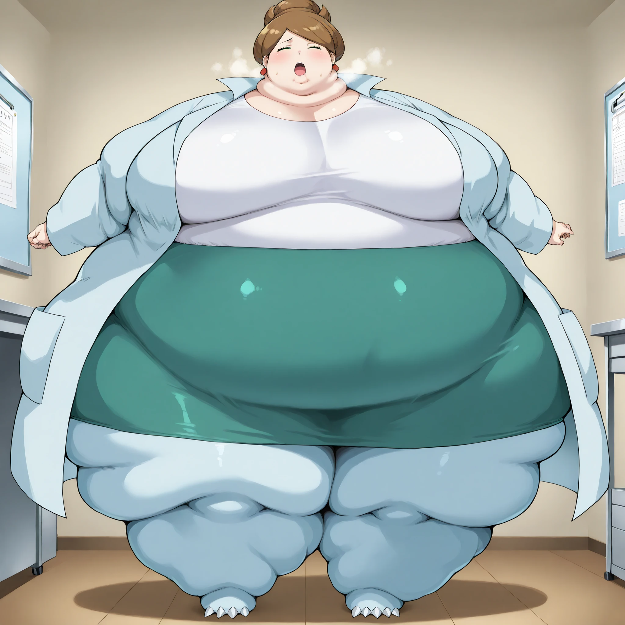 Snorlax cosplay, snorlax, pokémon (creature), blue body, eyes closed, teeth, claws, 1girl, solo, c-juniper, mature female, green eyes, hair bun, brown hair, lab coat, green skirt, earings, white shirt, long sleeves, fat, chubby, obese,, big breasts open mouth, out of breath, Larger female, full body shot, 